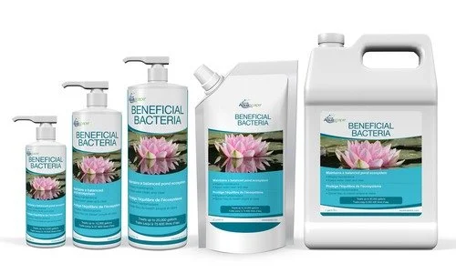 Collection of Beneficial Bacteria cleaning products with pump bottles and large containers, featuring lotus flowers on labels.