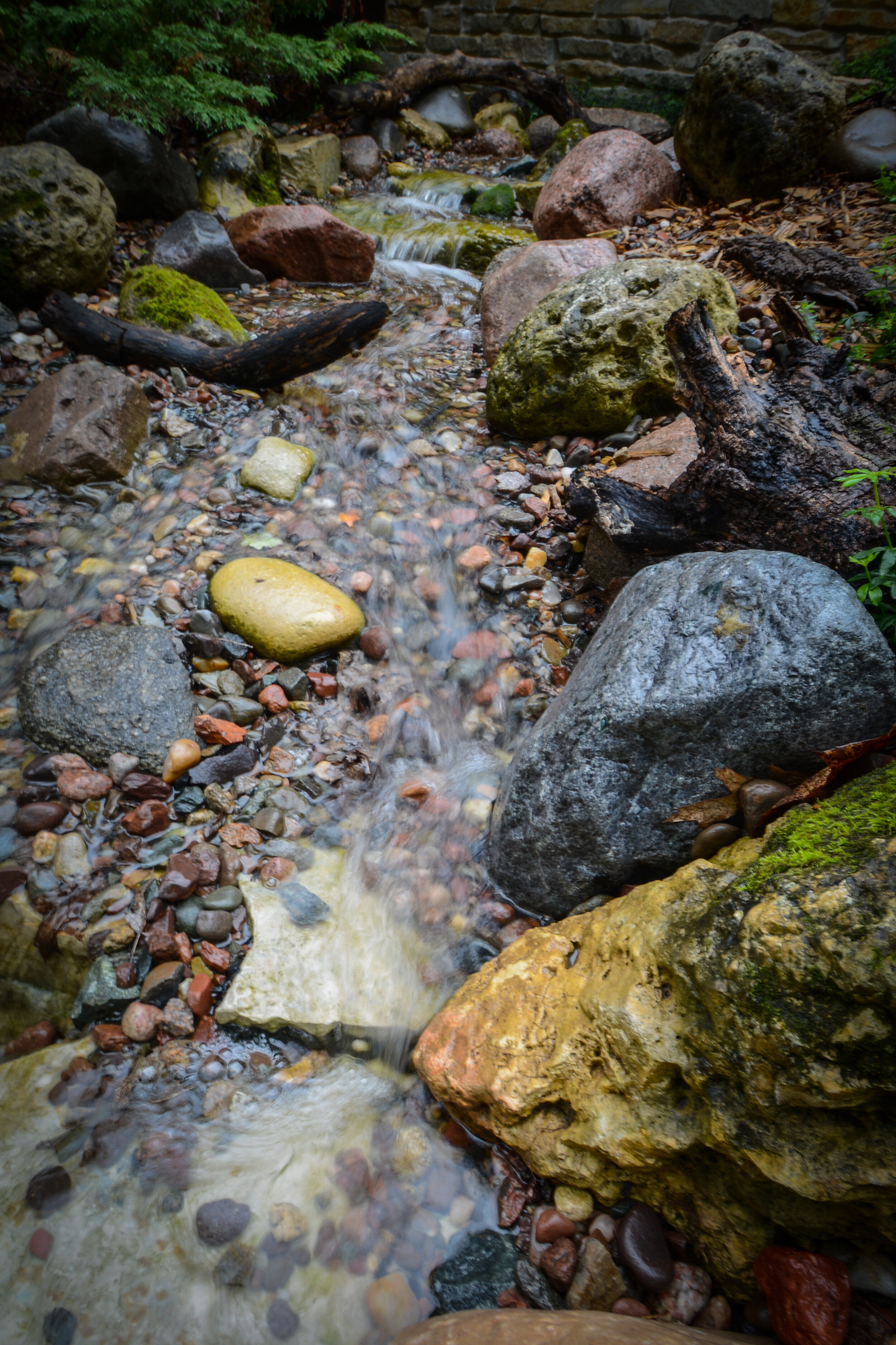 Small stream flowing over rocks and pebbles, with some moss-covered stones and fallen branches in a forest setting.