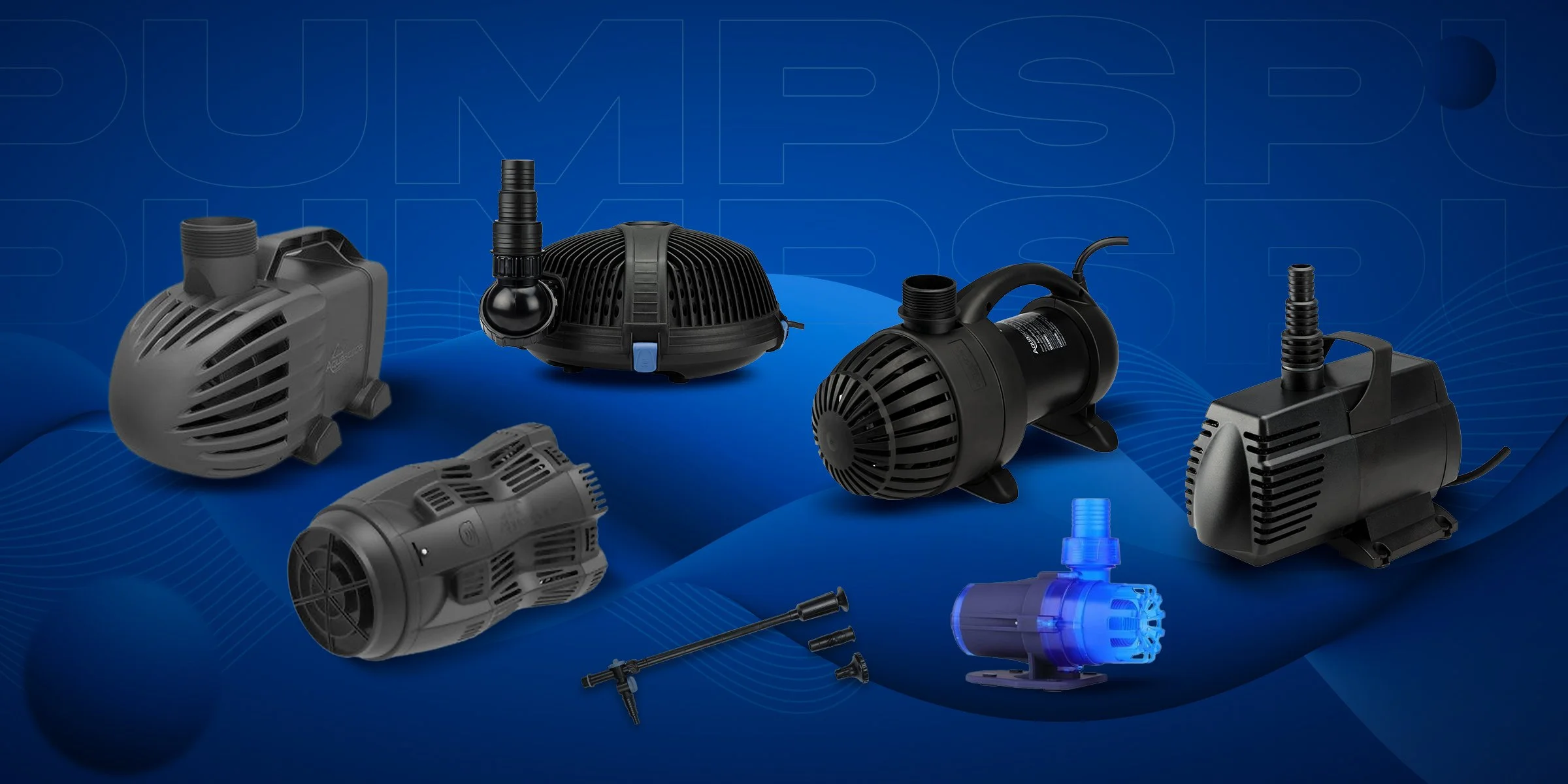 Various black and blue water pumps and accessories displayed on a blue background.