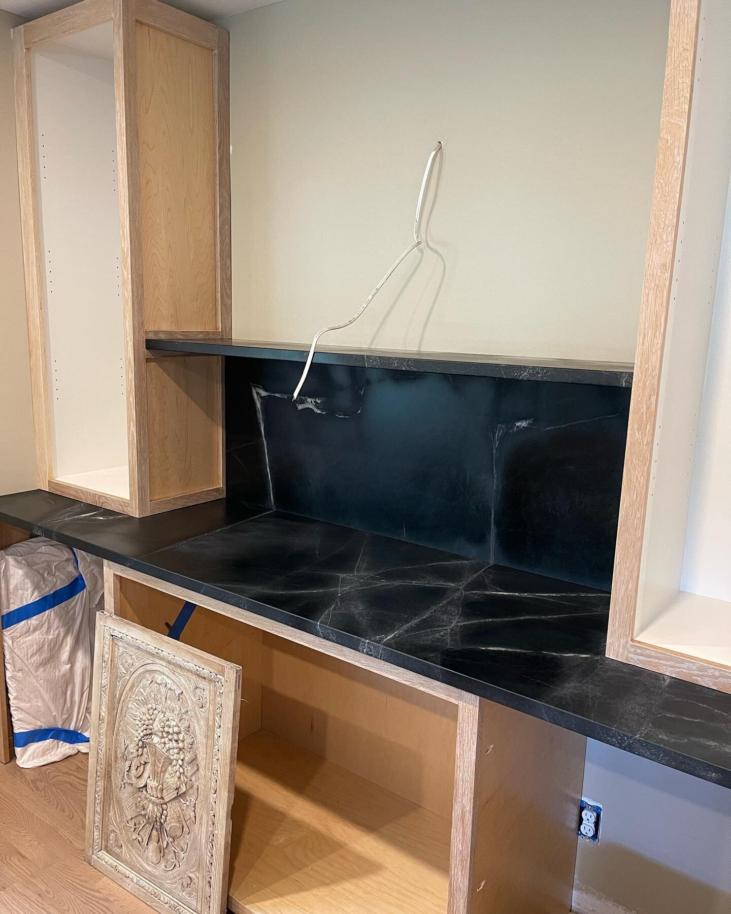 WIP photos for this @roseberryalleninteriordesign project. Love in the details. Check out the custom fit for this soapstone shelf AND the amazing antique panels spotted at market that will be retrofitted as door fronts in this area of the kitchen.  W