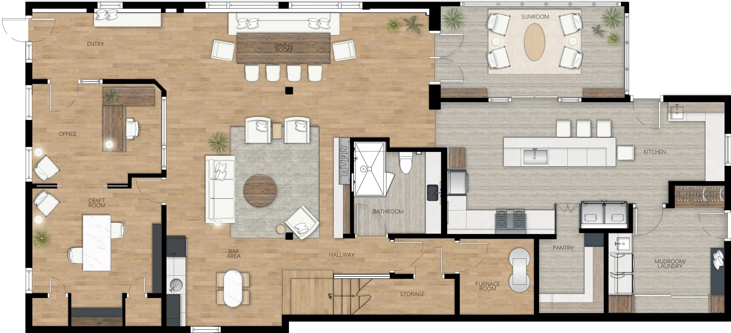 Rendered floor plan for a historic home renovation by Mimi Pineau Design in Toronto