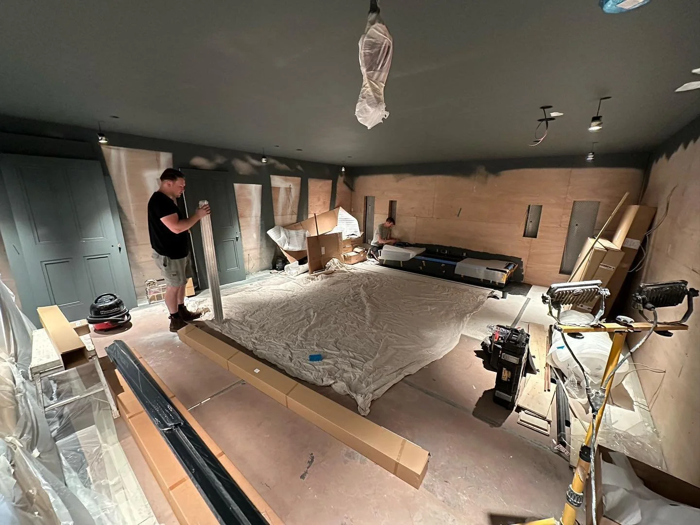 This week we&rsquo;ve been working with our friends at @weybridge_audio installing a @samsunguk short throw projector. It may seem a little early in the project stage to install the projector and screen but shortly the screen and the custom @doigfurn