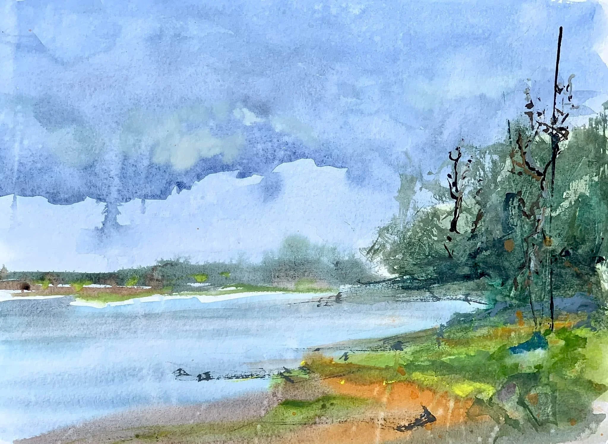 From Woolverstone Marina, watercolour, Artists private collection.