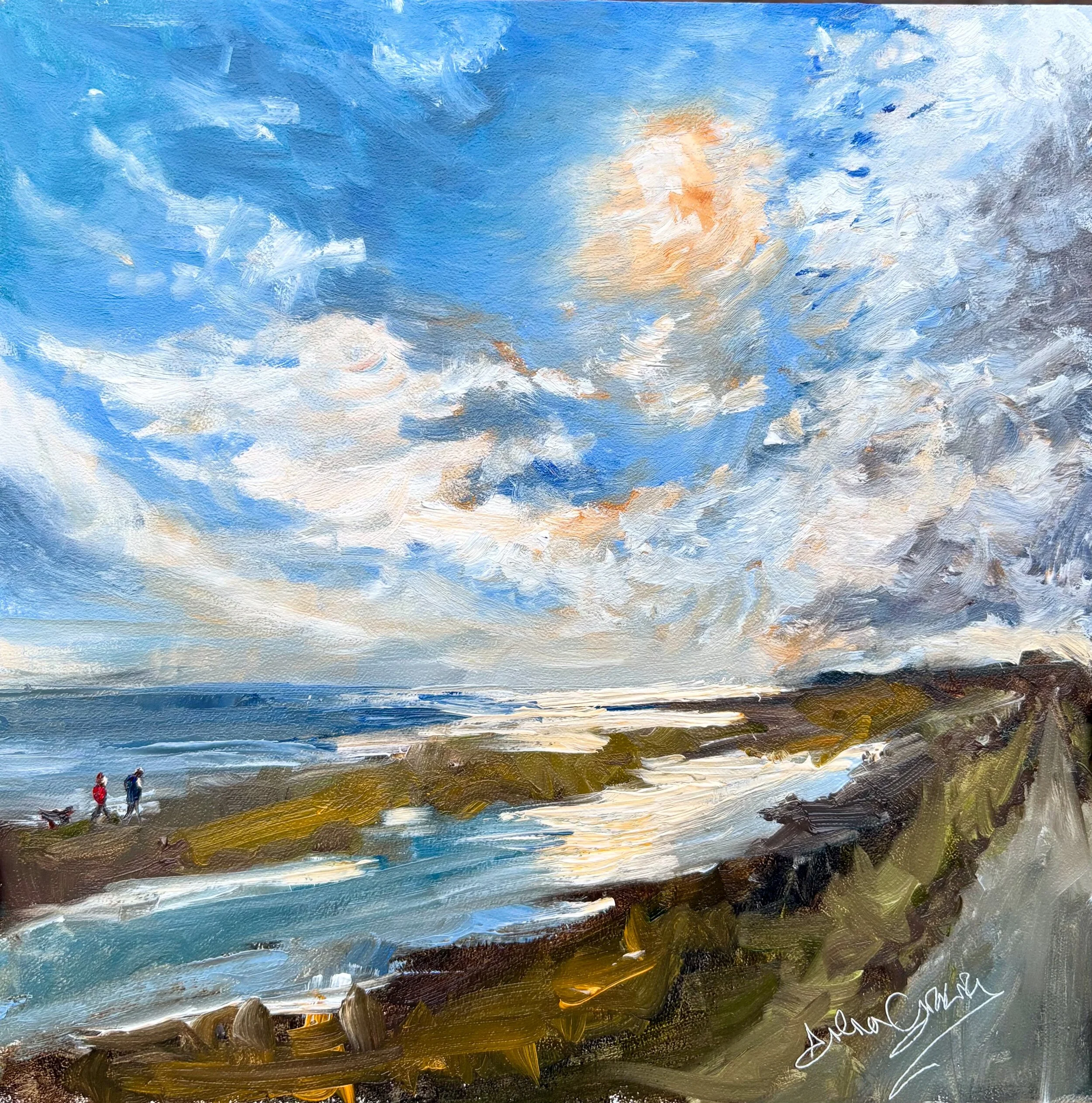 Dog Walking, East Mersea Oil on board, 10 x 10", framed £120