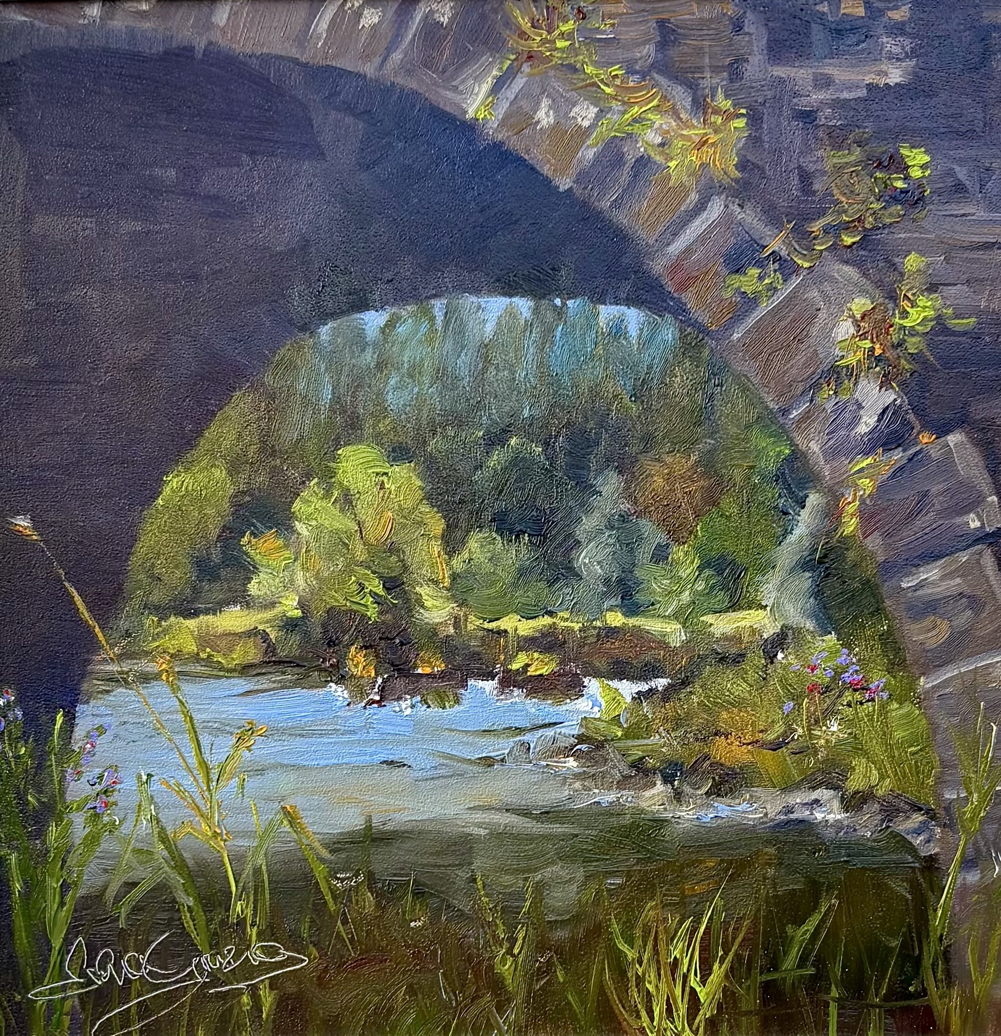 Through the arch, River Nore, Inistioge. Oil on board, 10x10", Framed £170