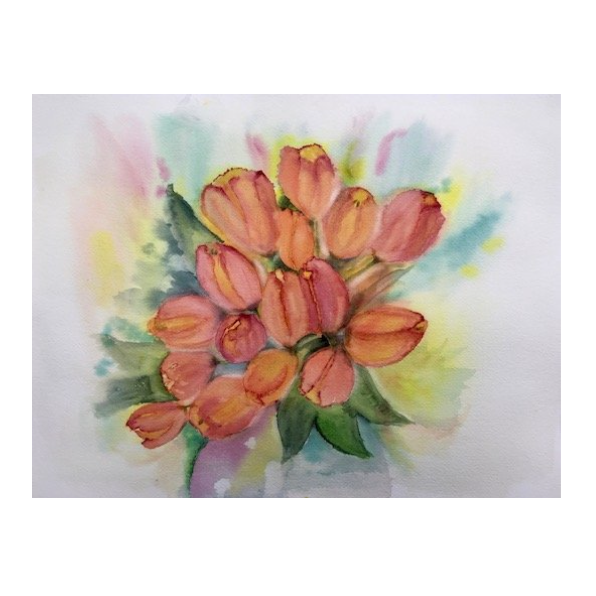 Tulip Bouquet, 
Watercolour, 41x31cm,
Original framed painting £95.
Greeting cards available.