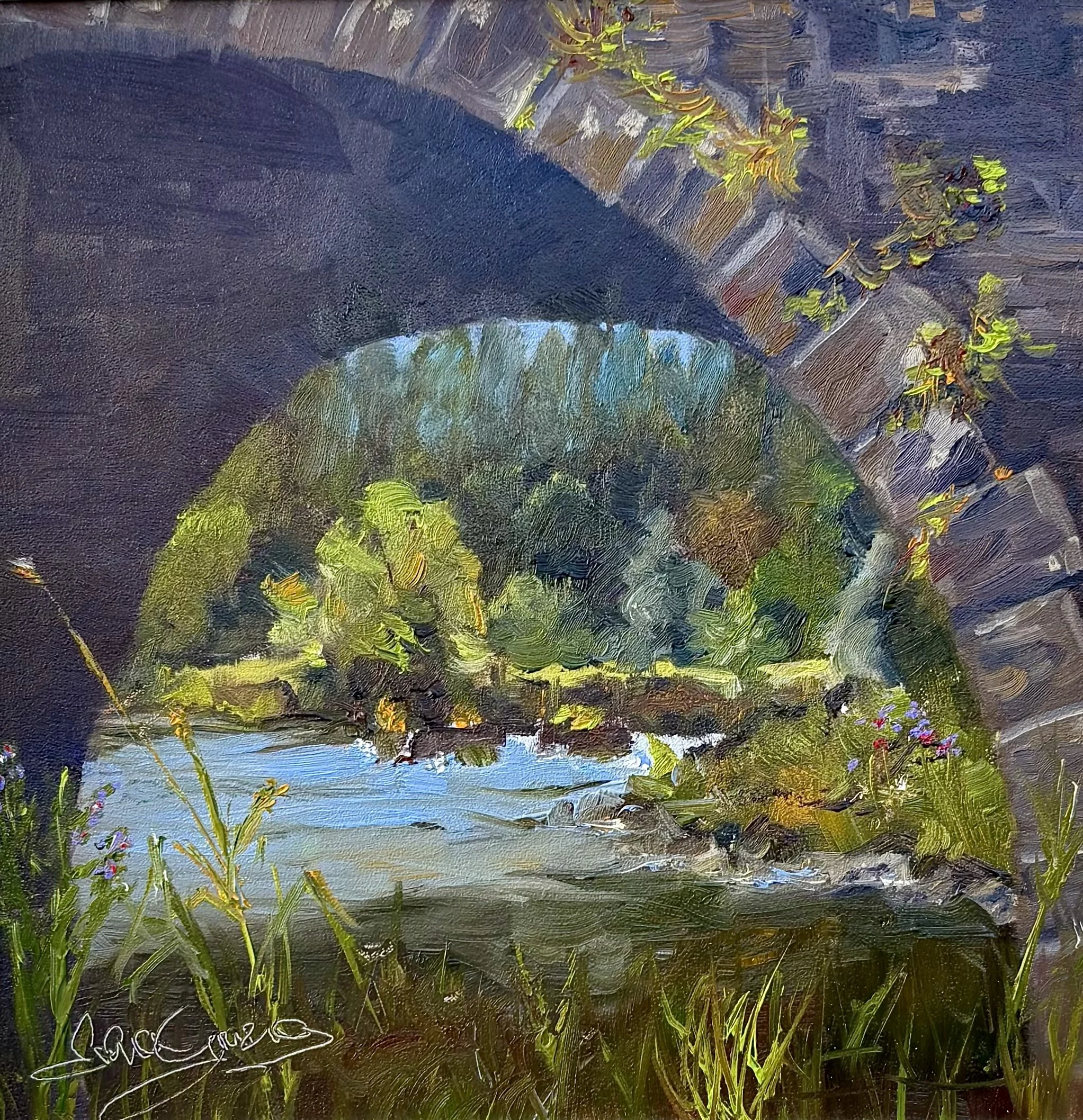 Through the arch, River Nore, Inistioge, oil on board, 10x10", framed £170