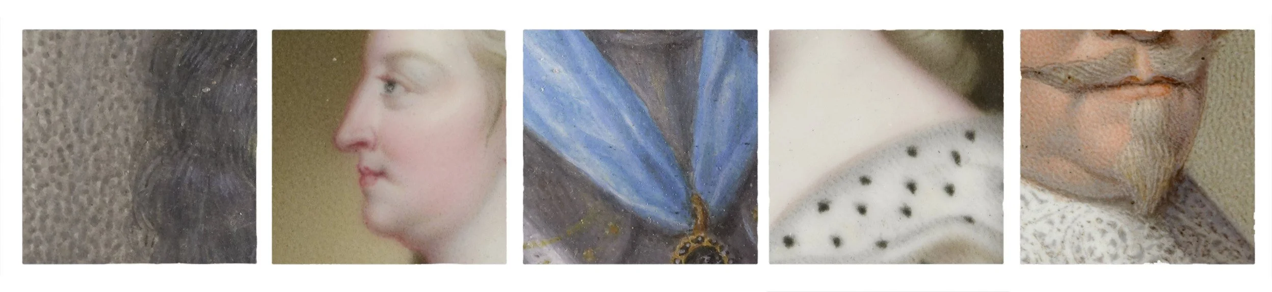 Painting on enamel has uniform textures and use of pointillism.