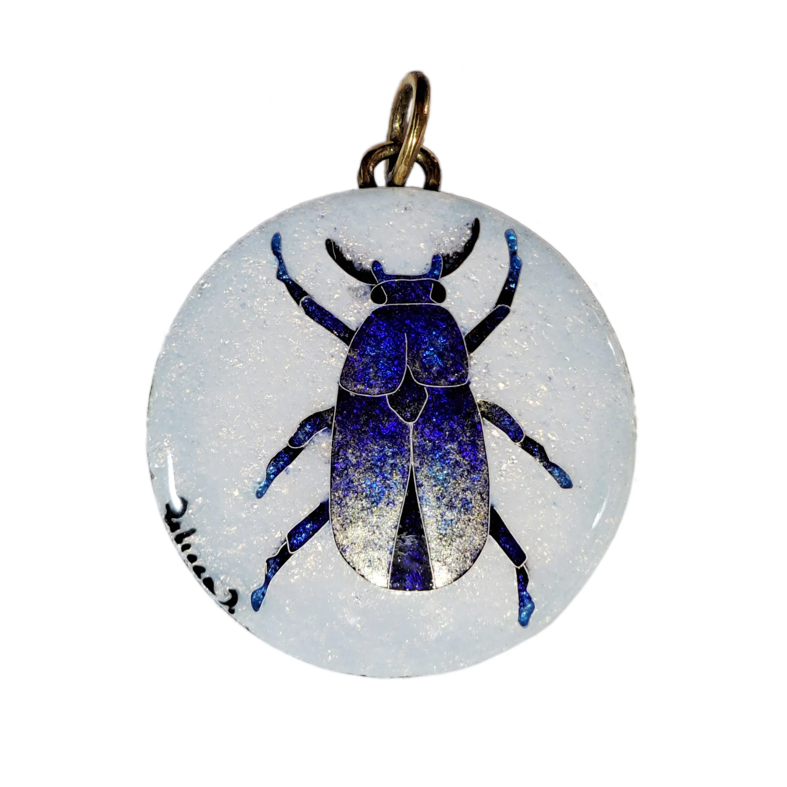 Cloisonné piece made on copper base with silver leaf and silver wire. A thin layer of metallic effect enamel has been applied on the insects' wings after stoning.