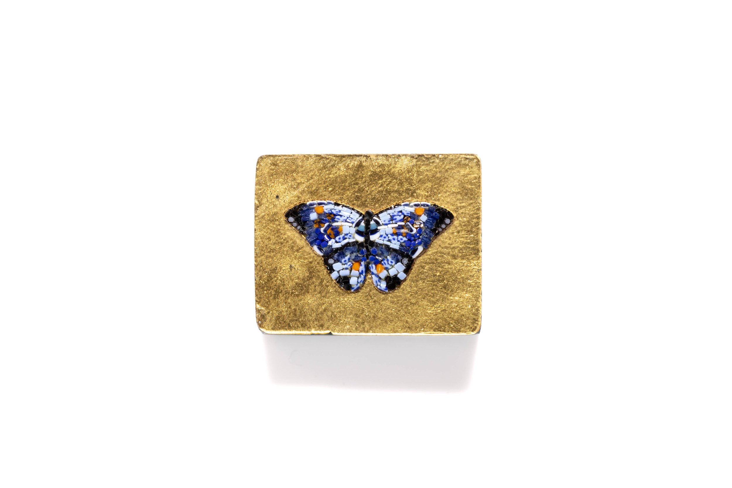 Blue butterfly micromosaic set into a square mosaic tile covered in gold leaf, front view.
