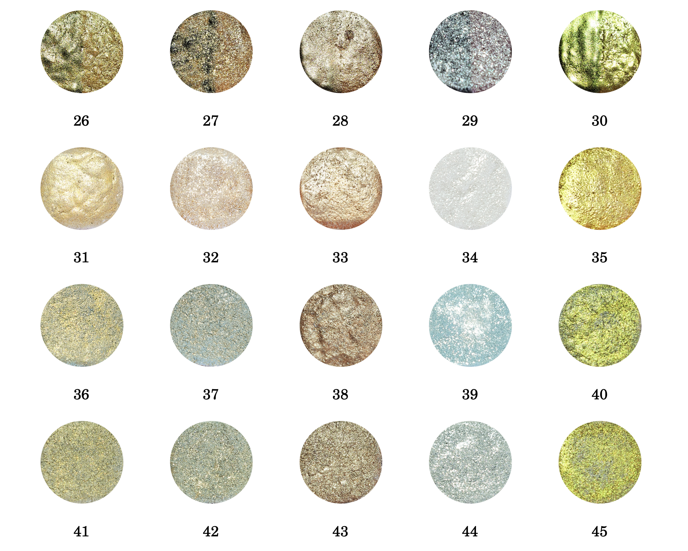 On the left side, the color is applied over the black base. On the right side, the color is applied on copper. Colors from 31 to 45 are opaque.