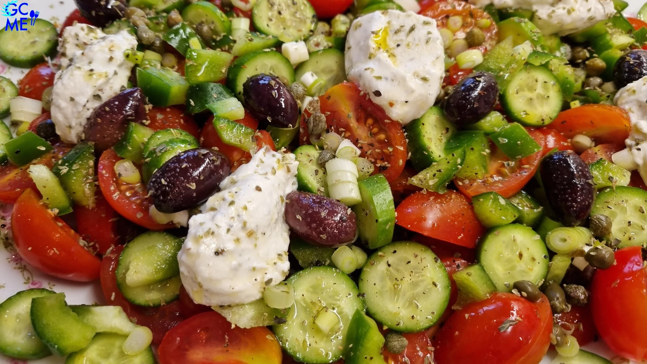Invigorating Salad with Carob Rusks, Santorini Grape Tomatoes and Whipped Feta Cream