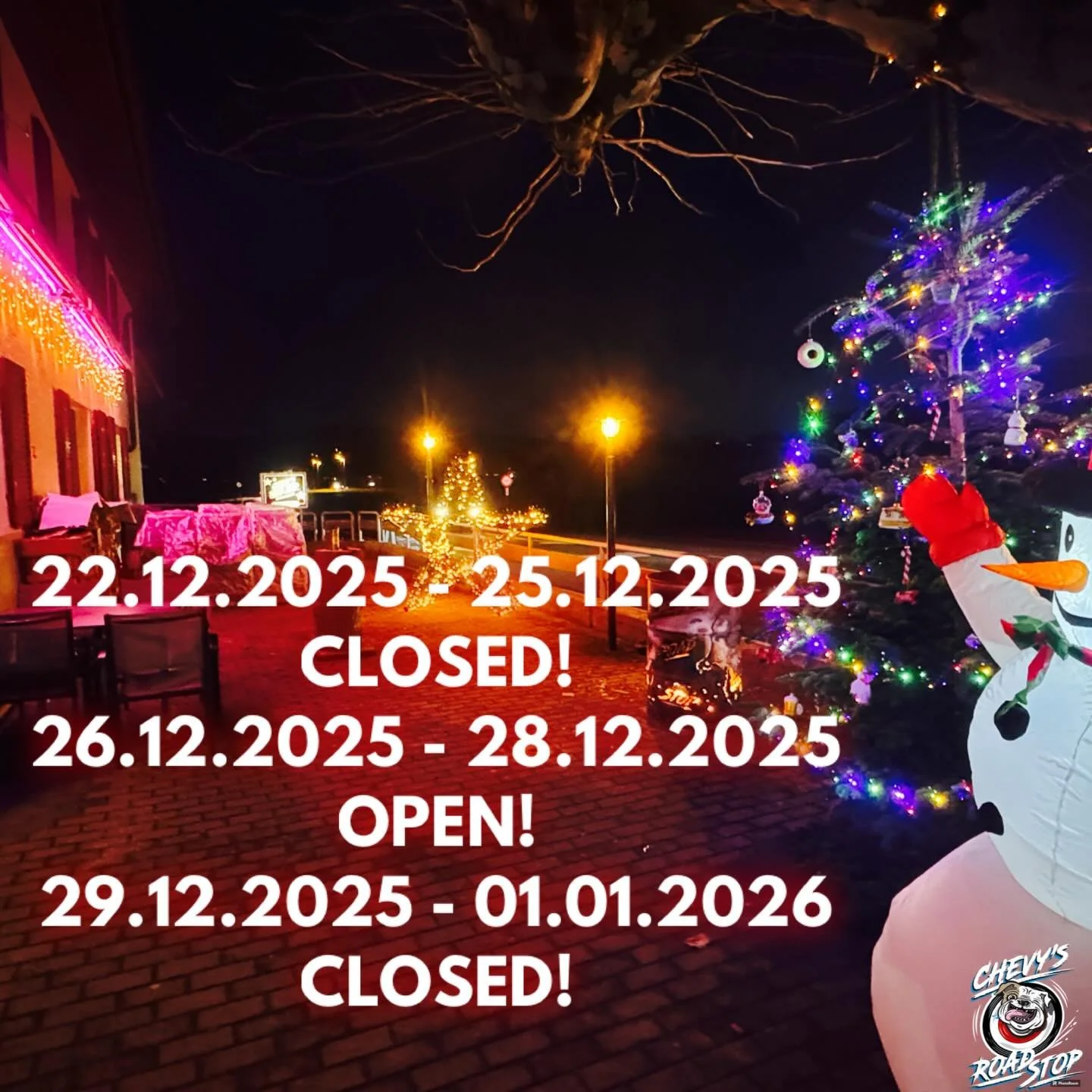 Unsere Opening hours &uuml;ber die Festtage🎄
.
Wir danken all unseren G&auml;sten f&uuml;r dieses fabelhafte, ereignisreiche Jahr und die zahlreichen Besuche🫶 Frohe Festtage und einen gesunden Rutsch🥳
.
See you next year im Chevy&lsquo;s🐶🙌🏼
