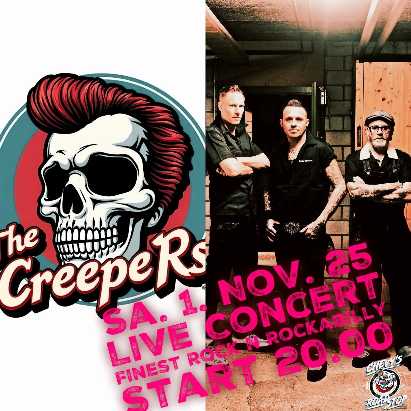 Save the date! Live im Chevy&lsquo;s: @the_creepers_band
🎸
Sat. Nov. 1st!
.
Free entry, book table early!🕺🏼