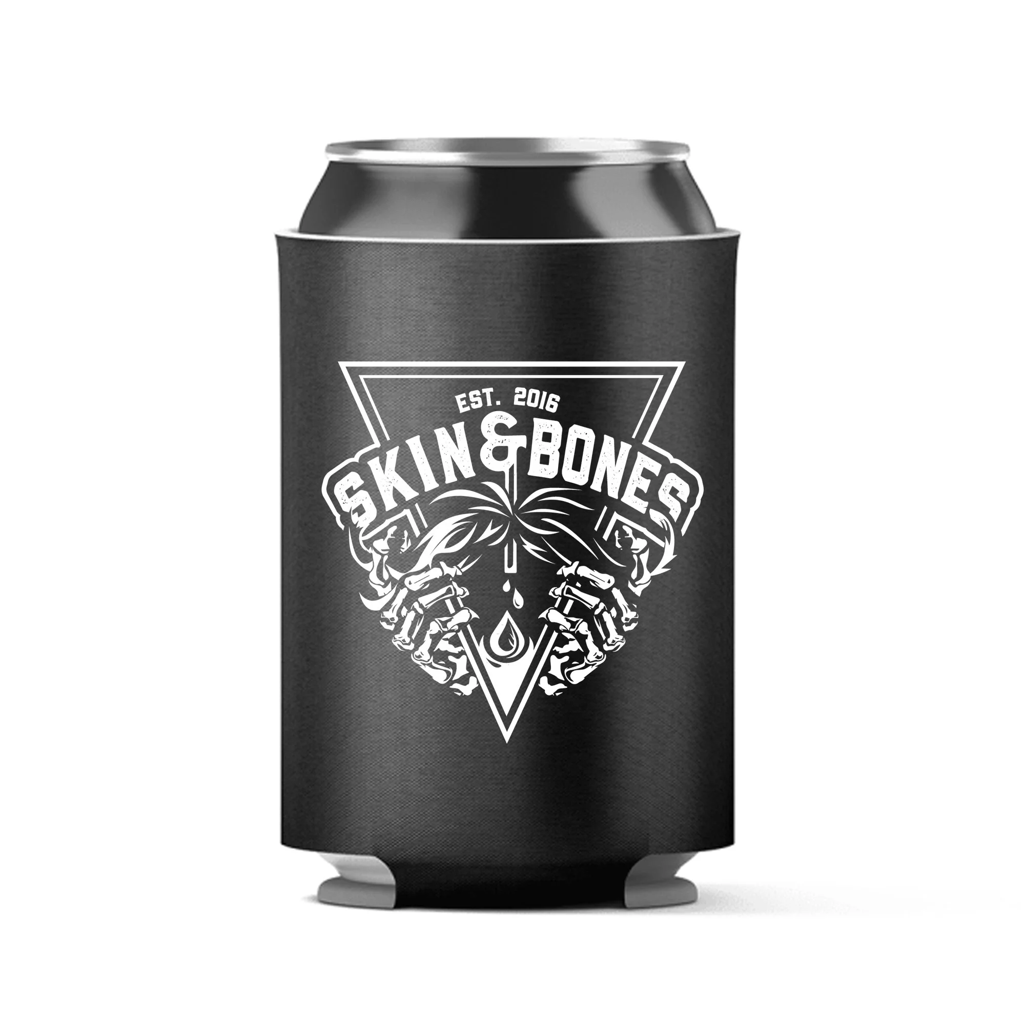 A black can of Skink & Bones beer with a white graphic design featuring two skeletons with hair, holding hands, and forming a triangular emblem with the words "Skink & Bones" and "Bel Air, MD" above.