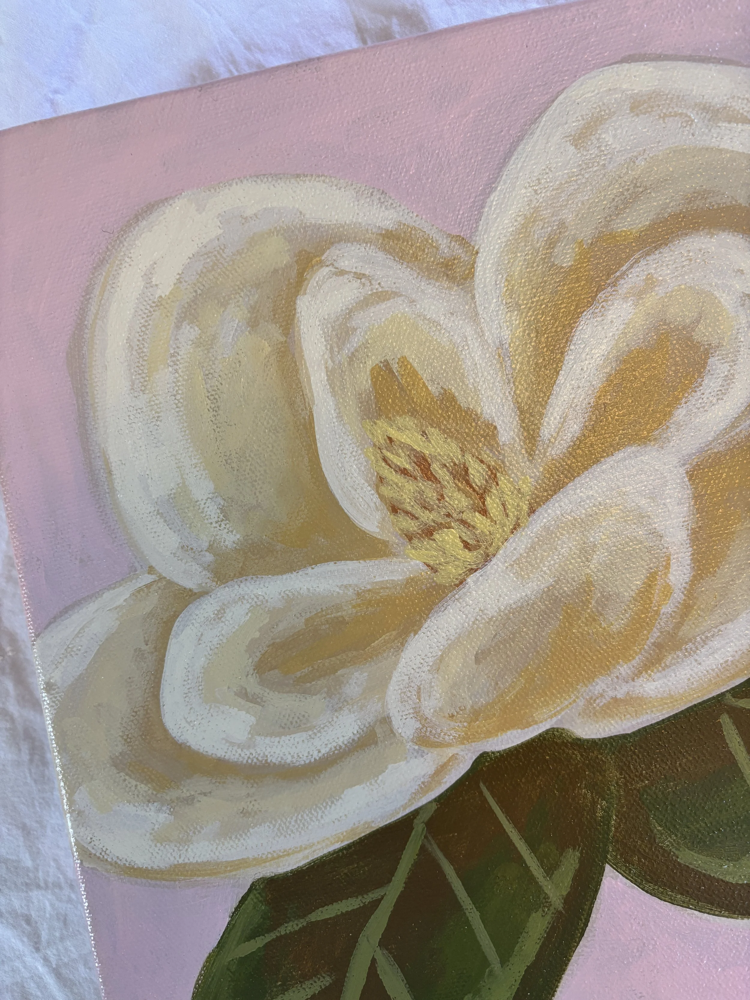 Original acrylic magnolia painting in soft pink, cream, and green tones.