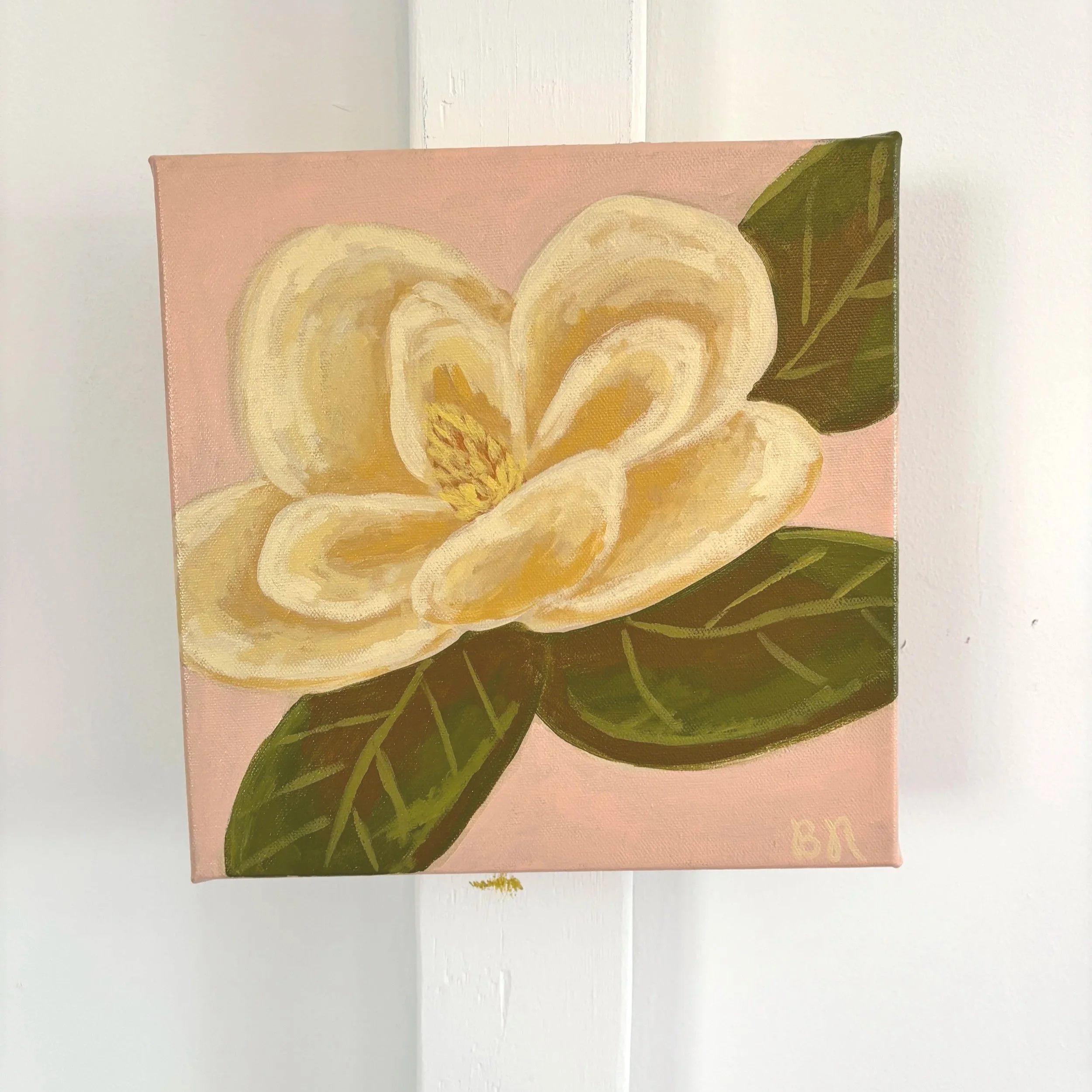 Original acrylic magnolia painting in soft pink, cream, and green tones.