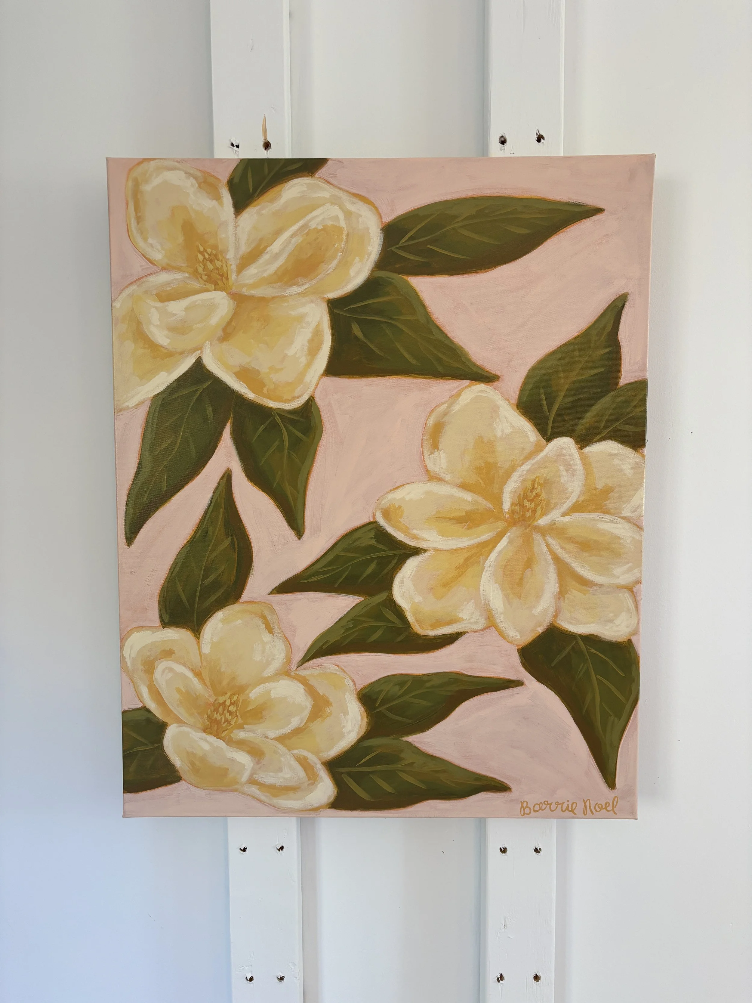 Original acrylic magnolia painting in soft pink, cream, and green tones.