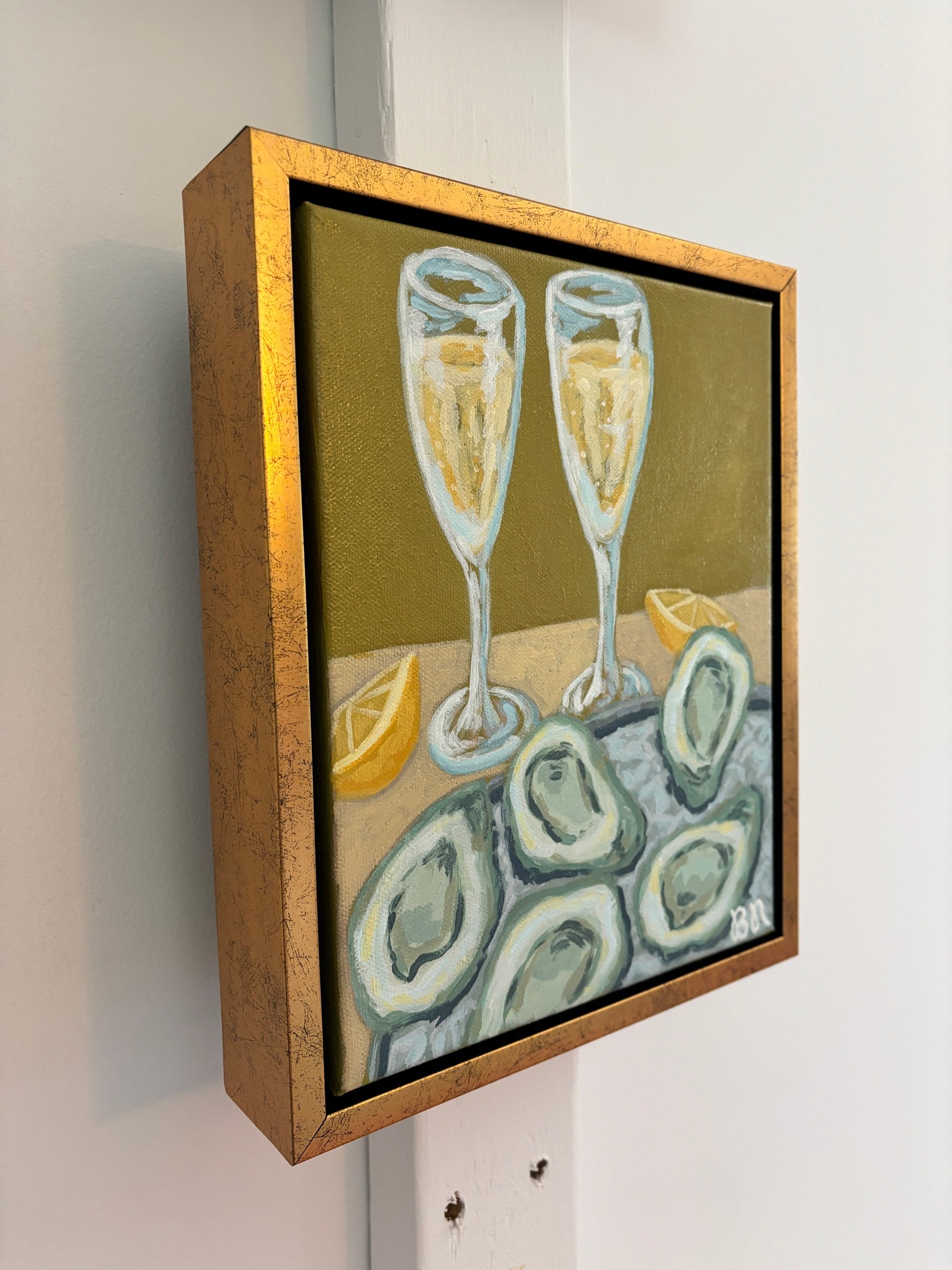 Original acrylic painting of oysters and glasses of champagne, featuring soft coastal tones and elegant entertaining-inspired artwork perfect for dining rooms, bars, and beach homes.