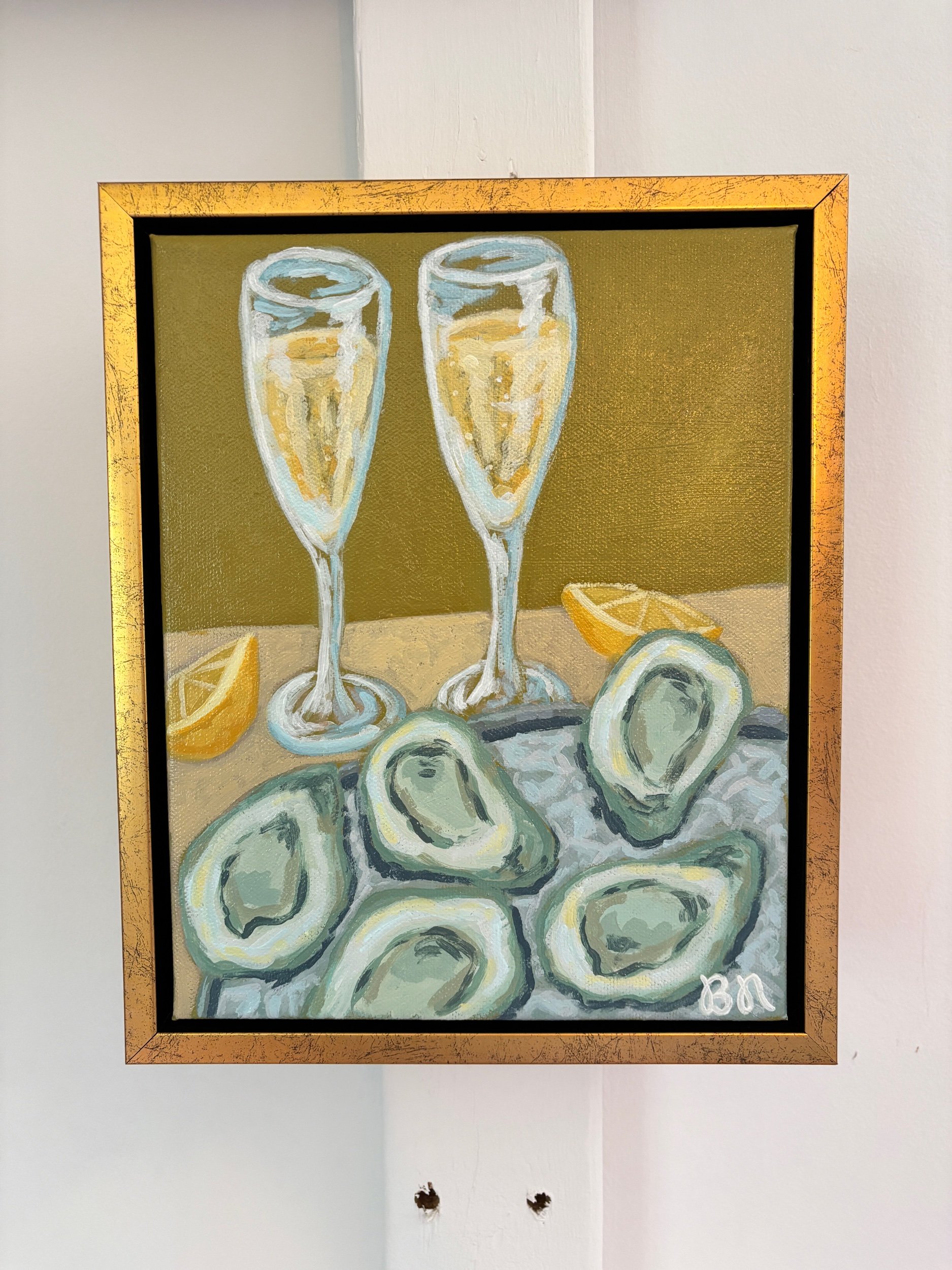 Original acrylic painting of oysters and glasses of champagne, featuring soft coastal tones and elegant entertaining-inspired artwork perfect for dining rooms, bars, and beach homes.