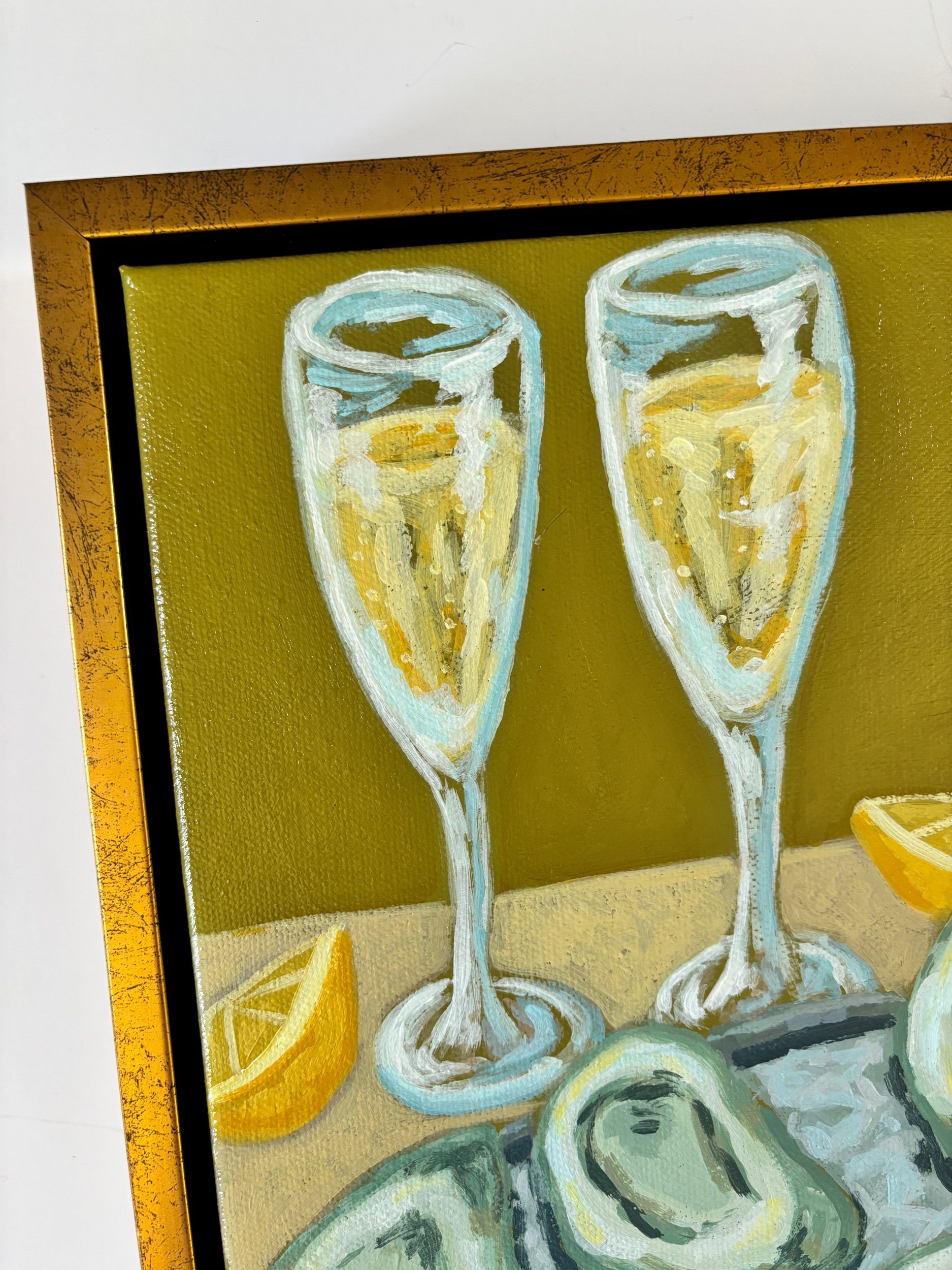 Original acrylic painting of oysters and glasses of champagne, featuring soft coastal tones and elegant entertaining-inspired artwork perfect for dining rooms, bars, and beach homes.