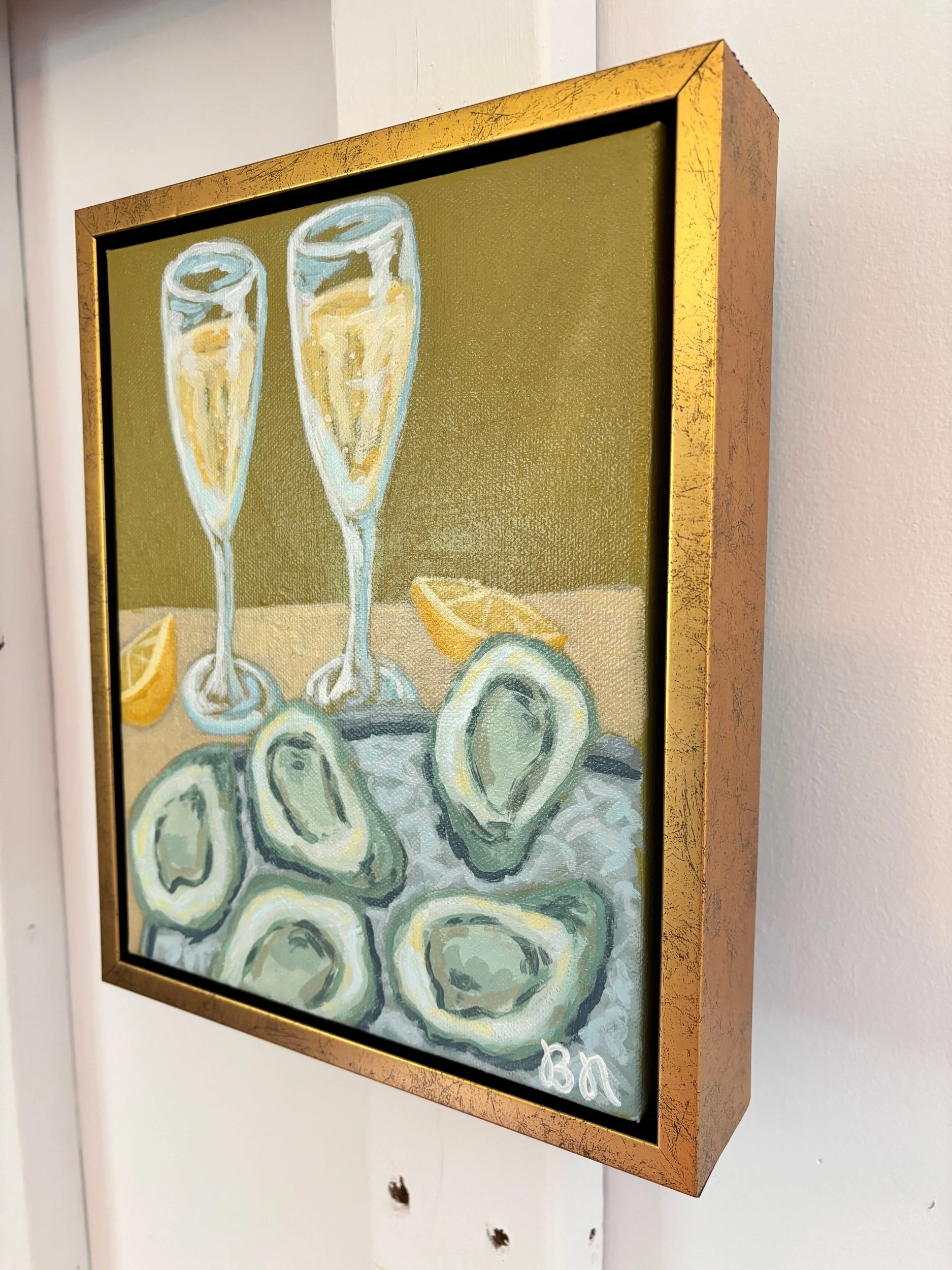 Original acrylic painting of oysters and glasses of champagne, featuring soft coastal tones and elegant entertaining-inspired artwork perfect for dining rooms, bars, and beach homes.