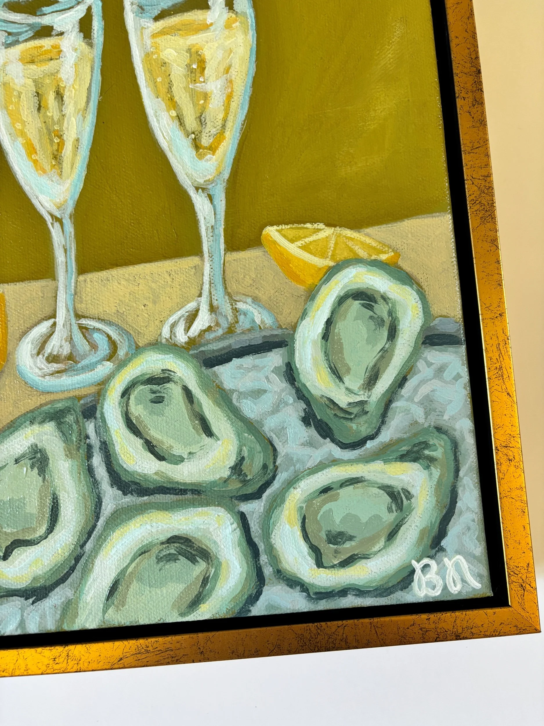 Original acrylic painting of oysters and glasses of champagne, featuring soft coastal tones and elegant entertaining-inspired artwork perfect for dining rooms, bars, and beach homes.