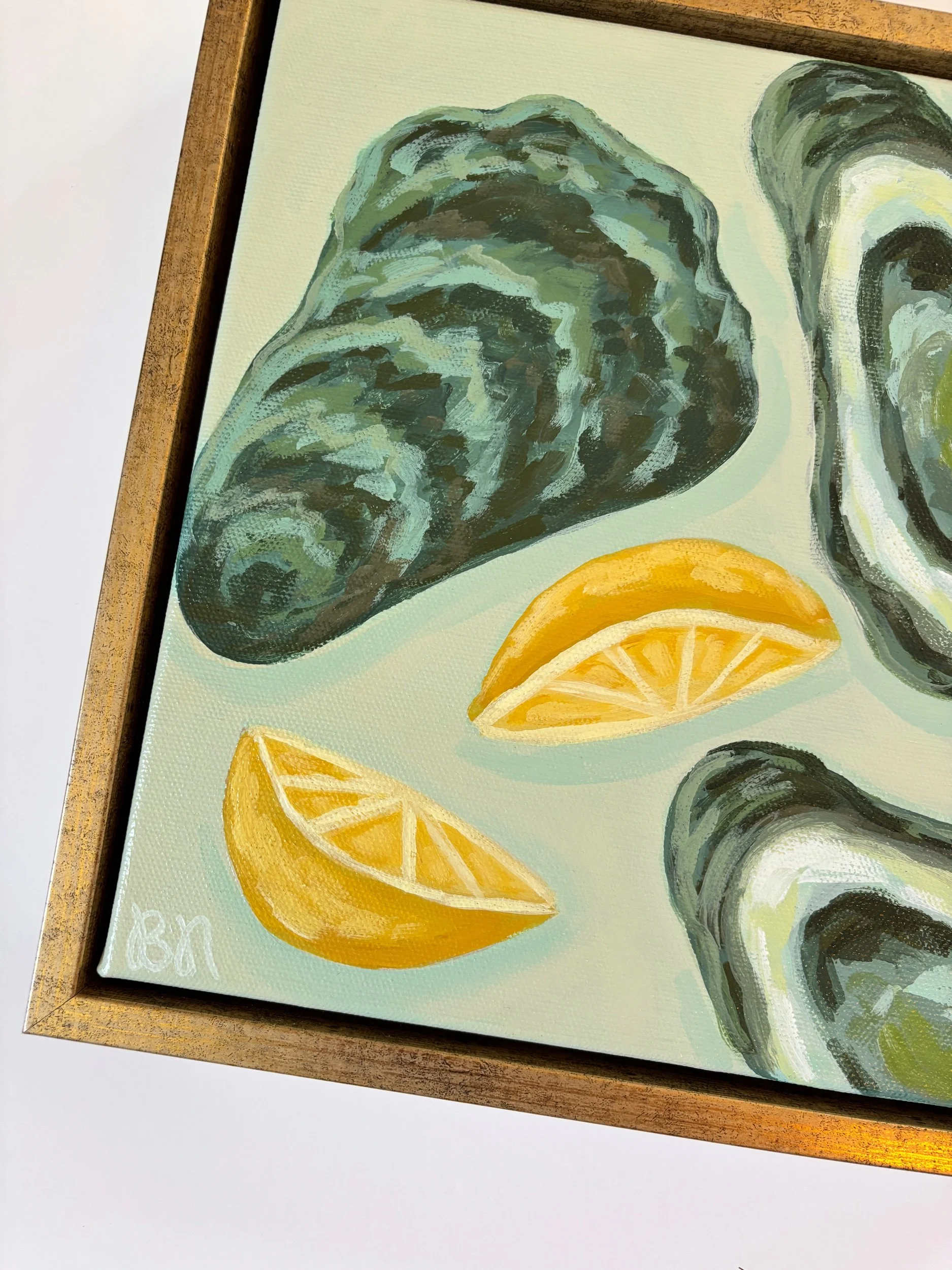 Oysters and lemon wedges acrylic painting in calming blue and green tones.