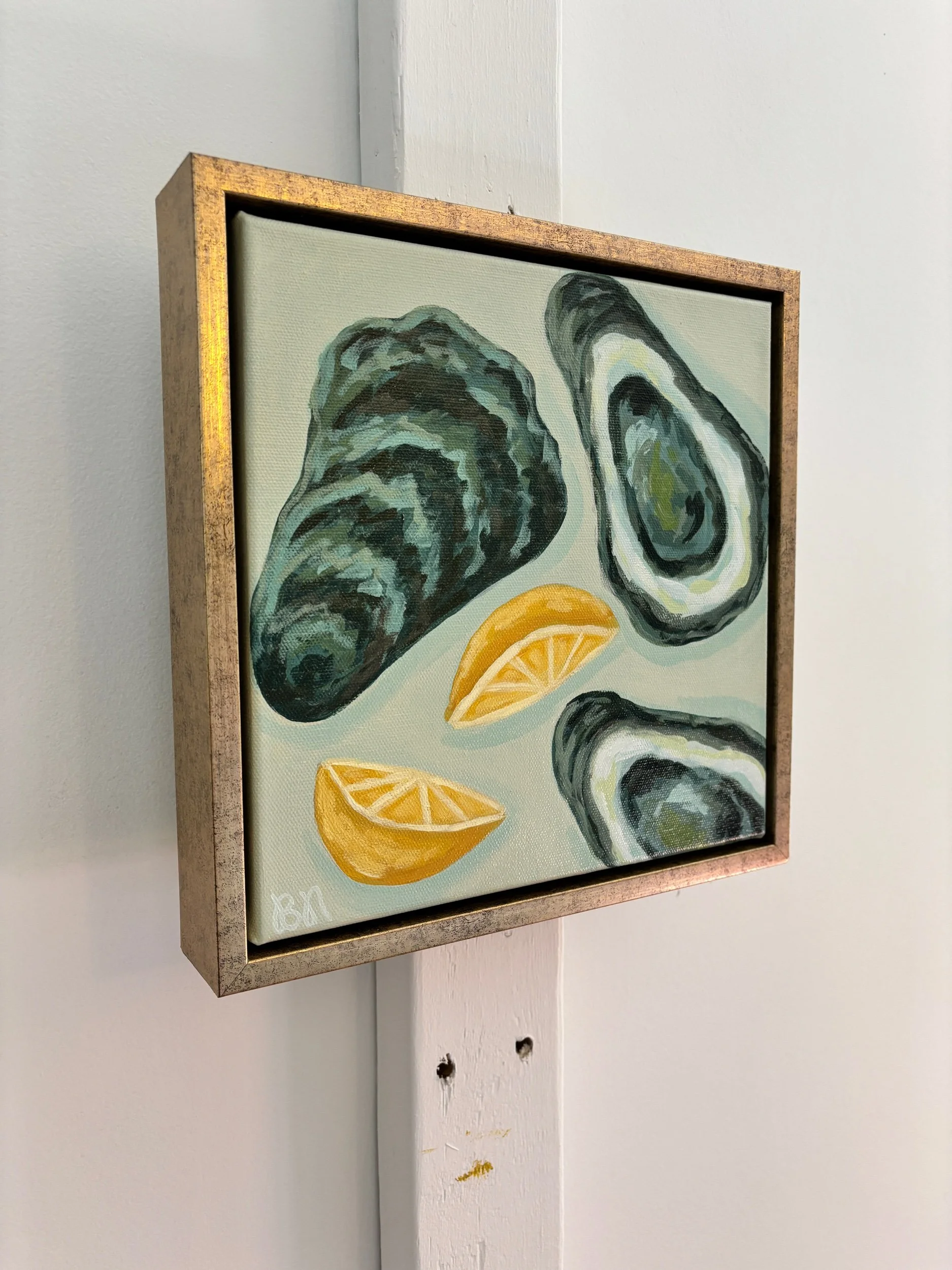 Oysters and lemon wedges acrylic painting in calming blue and green tones.