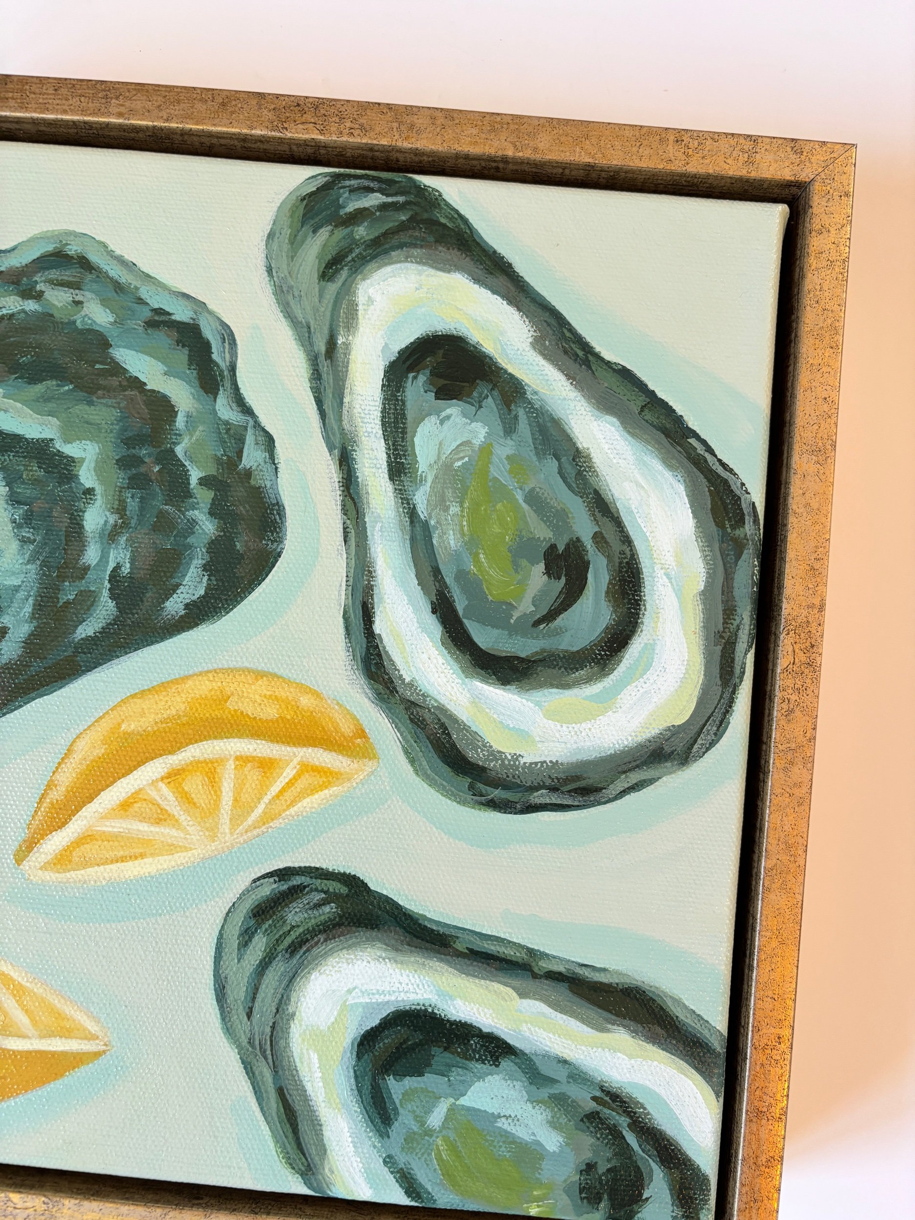 Oysters and lemon wedges acrylic painting in calming blue and green tones.