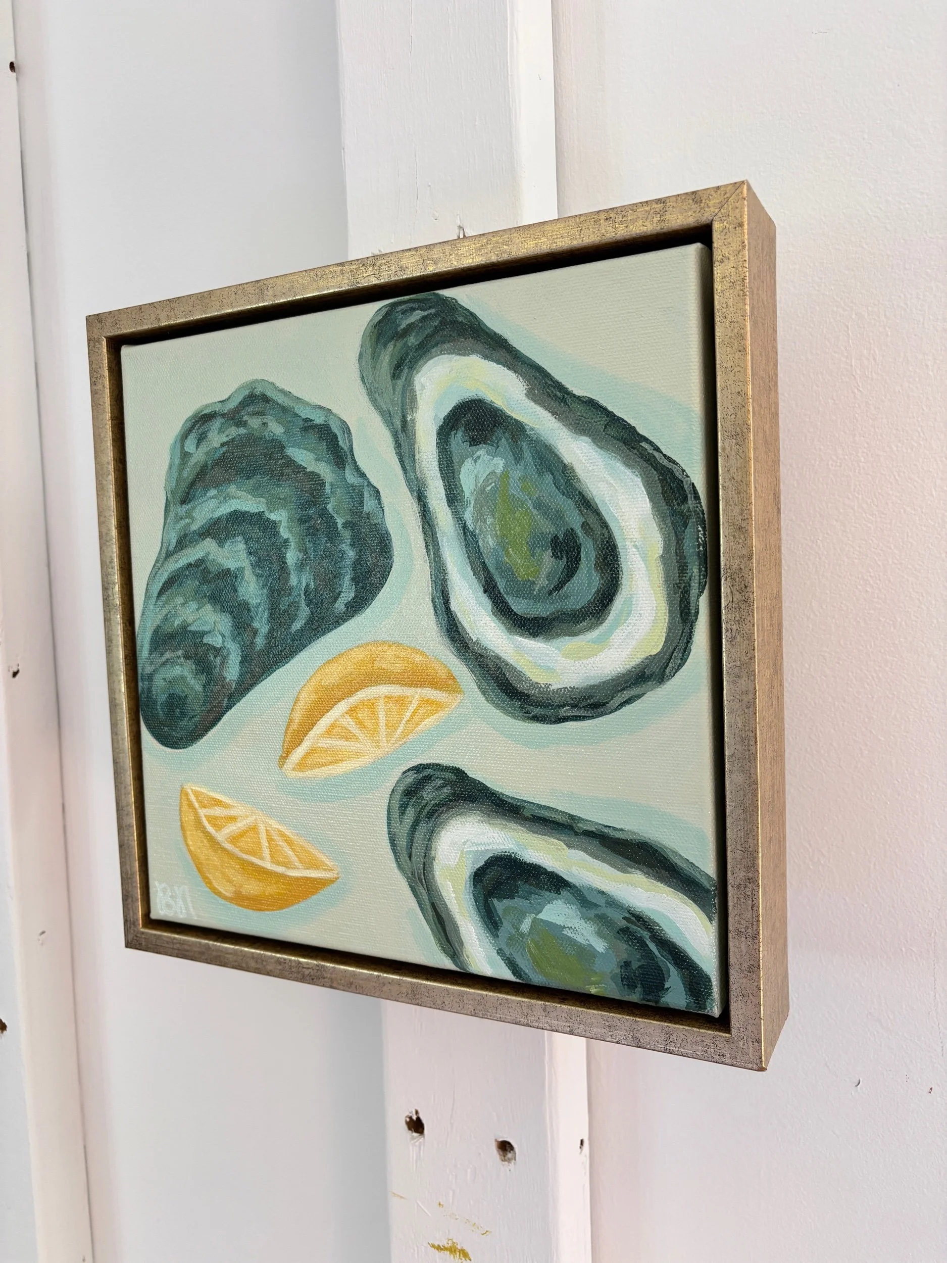 Oysters and lemon wedges acrylic painting in calming blue and green tones.