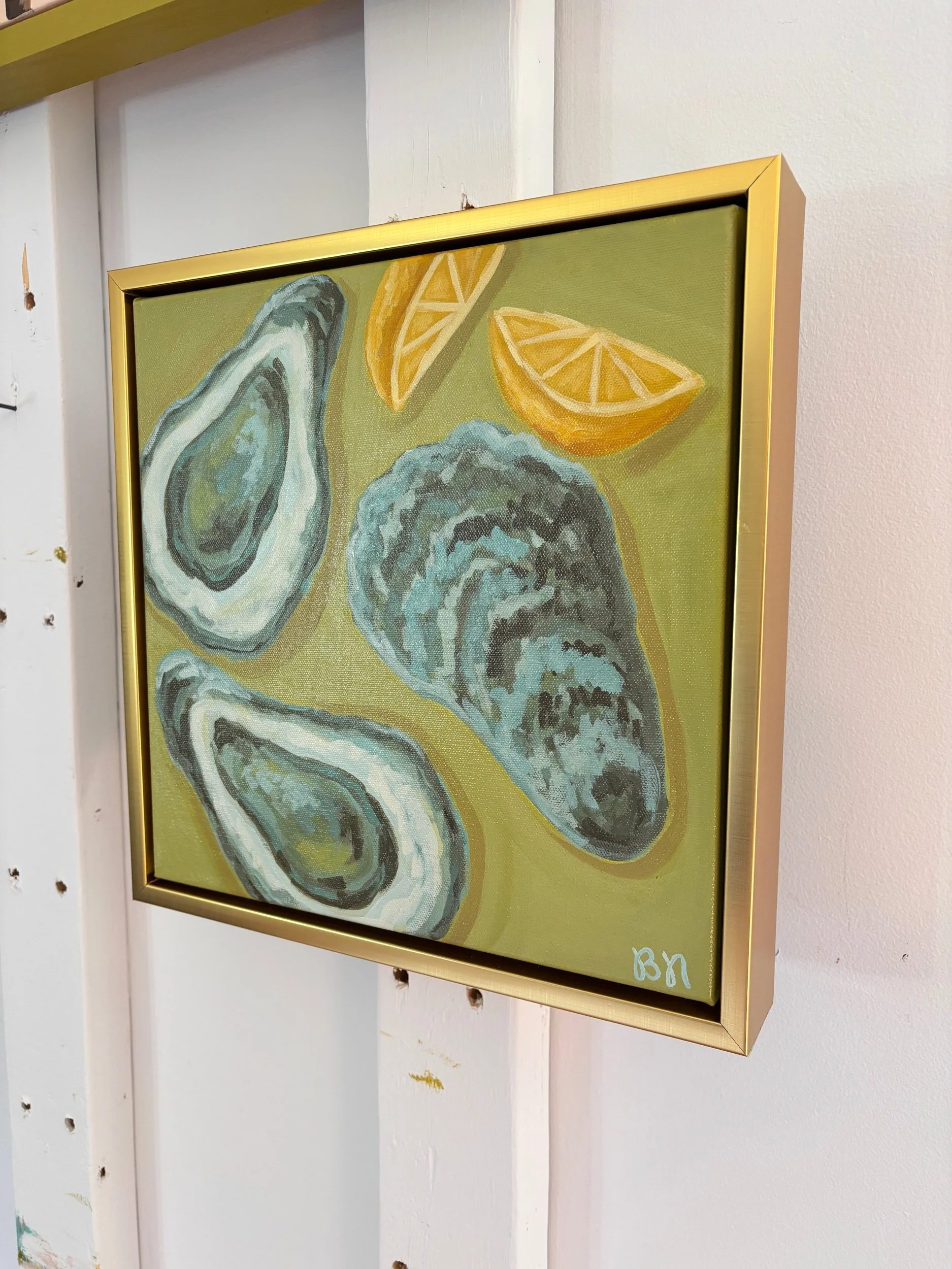 Oysters and lemon wedges acrylic painting on a rich green background.