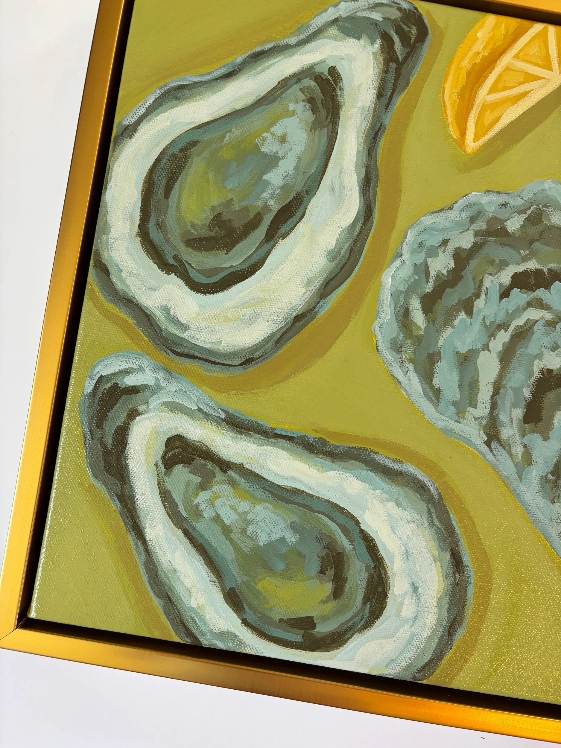 Oysters and lemon wedges acrylic painting on a rich green background.