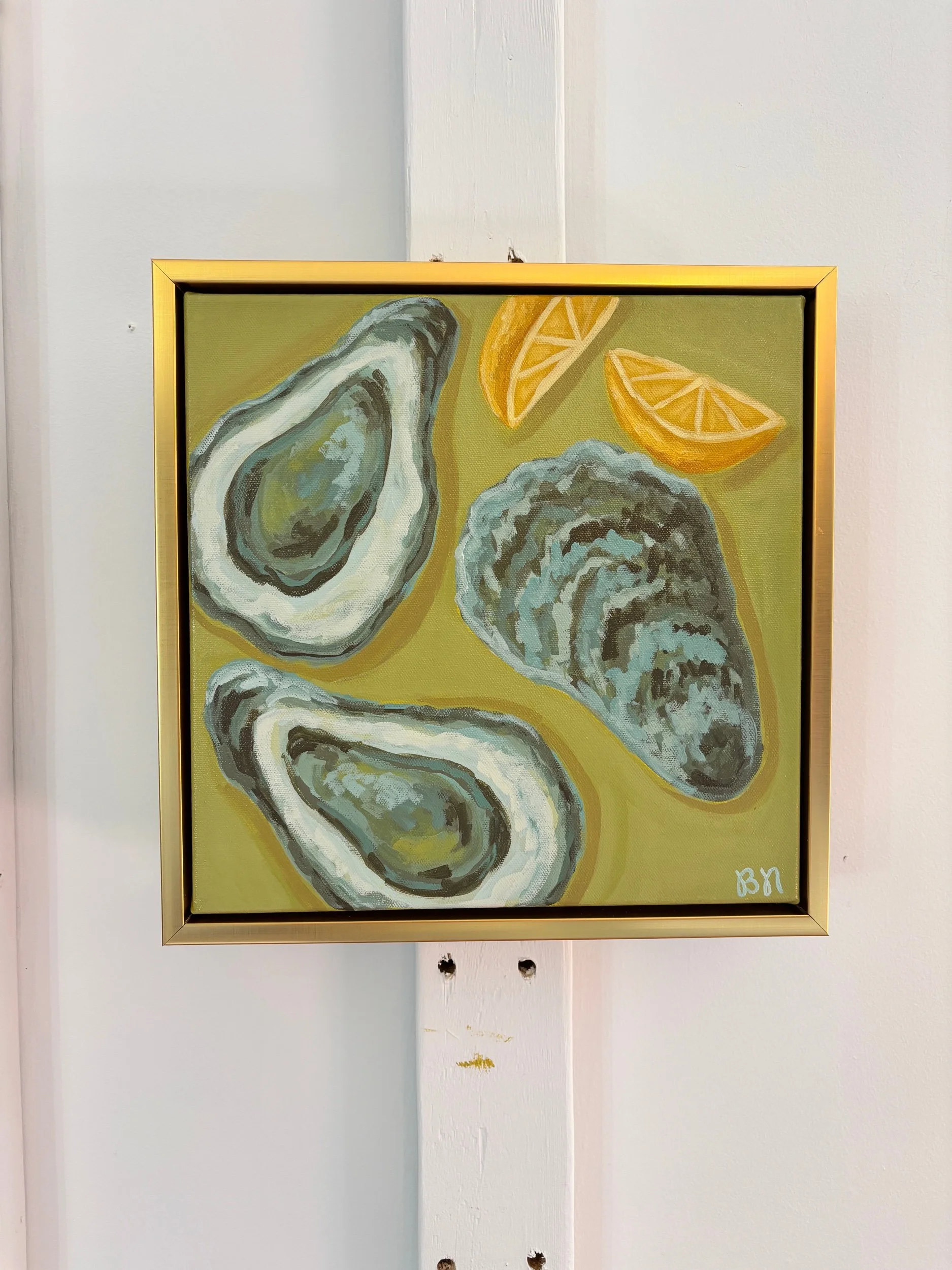 Oysters and lemon wedges acrylic painting on a rich green background.
