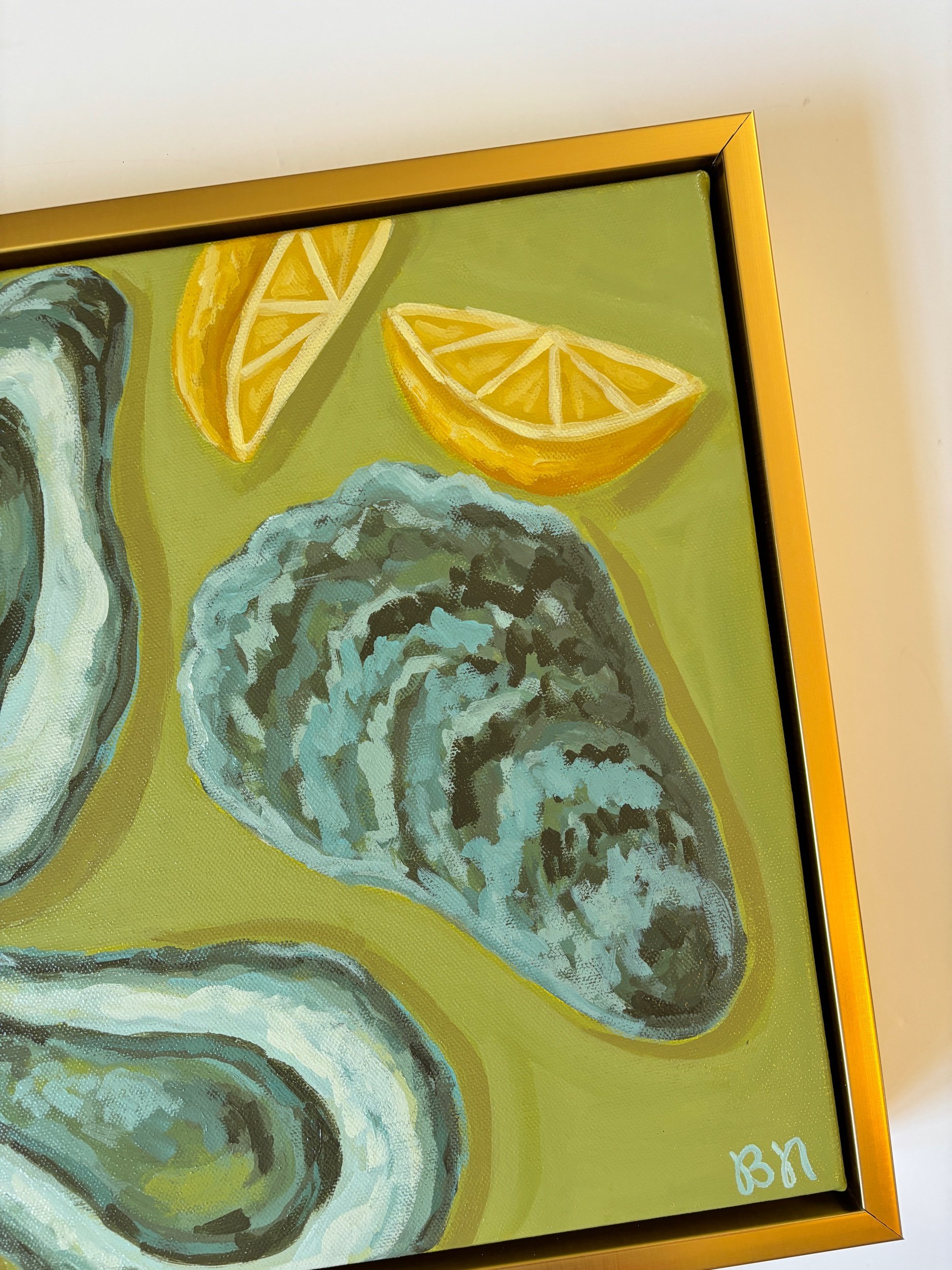 Oysters and lemon wedges acrylic painting on a rich green background.