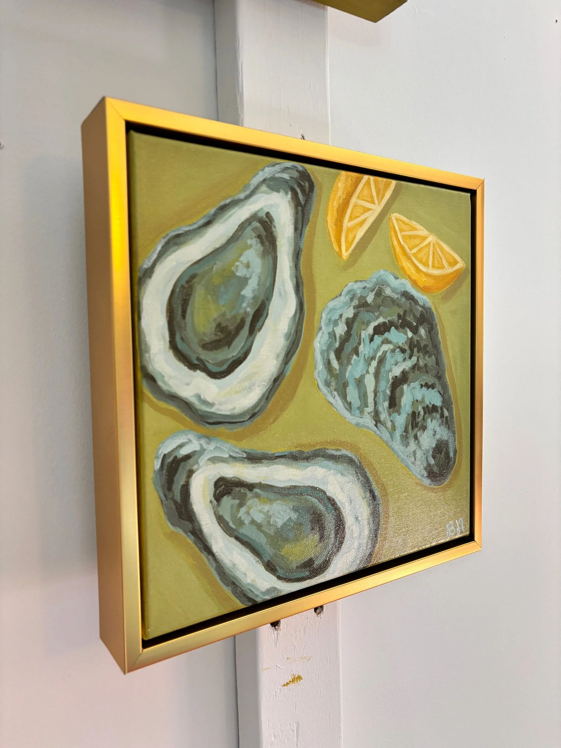 Oysters and lemon wedges acrylic painting on a rich green background.