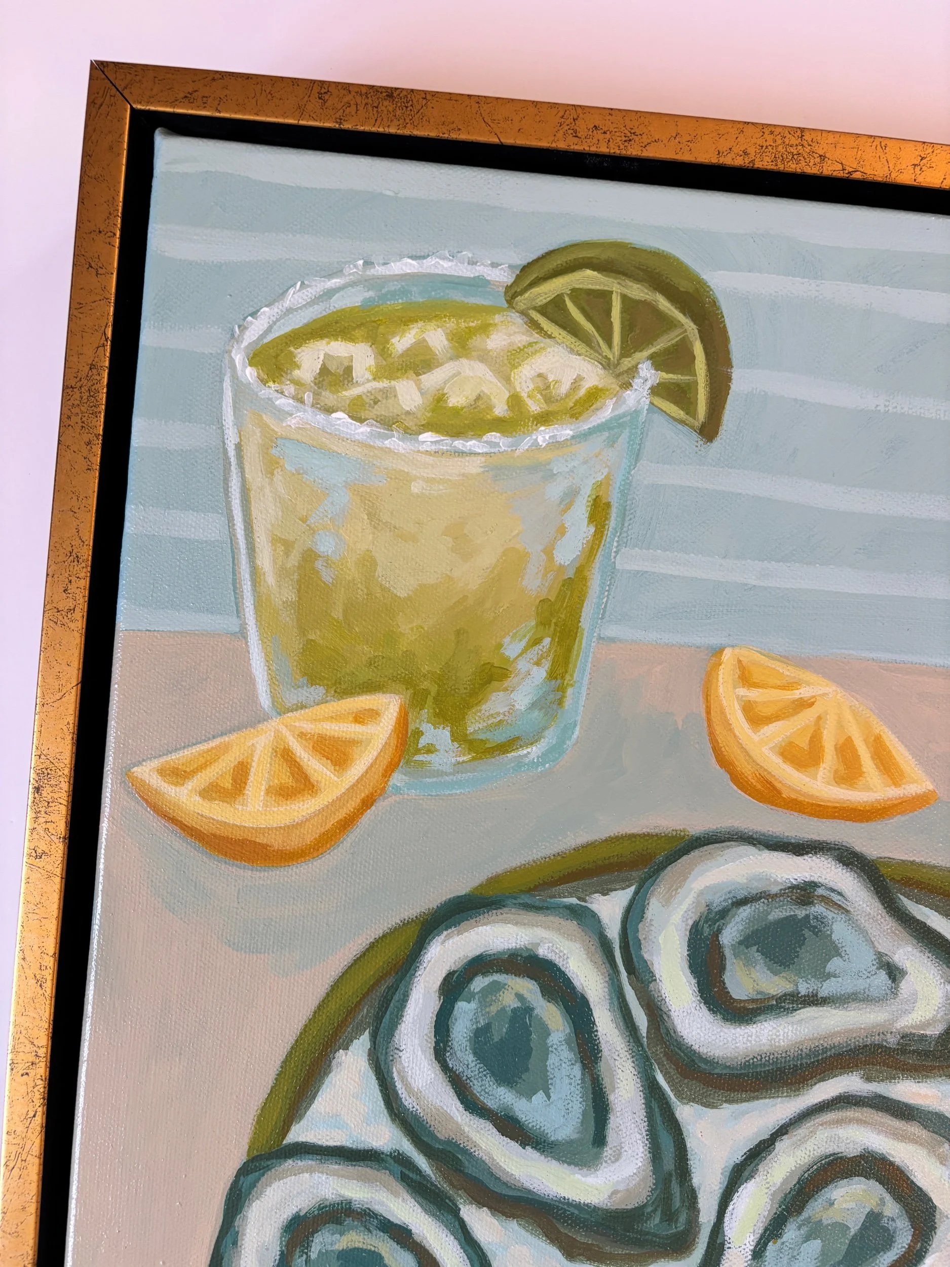 Oysters and a margarita acrylic painting in blue and green coastal tones.