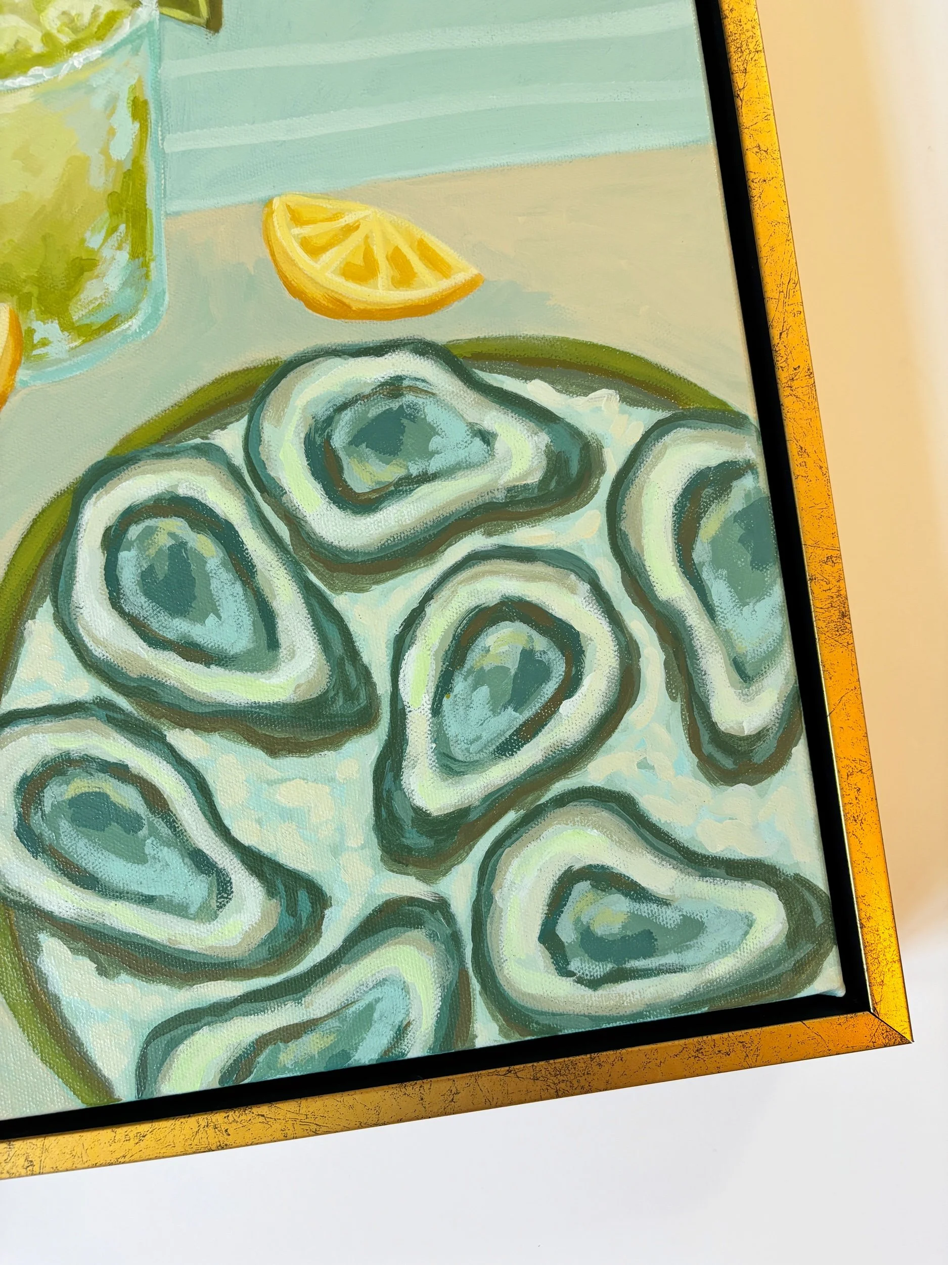 Oysters and a margarita acrylic painting in blue and green coastal tones.