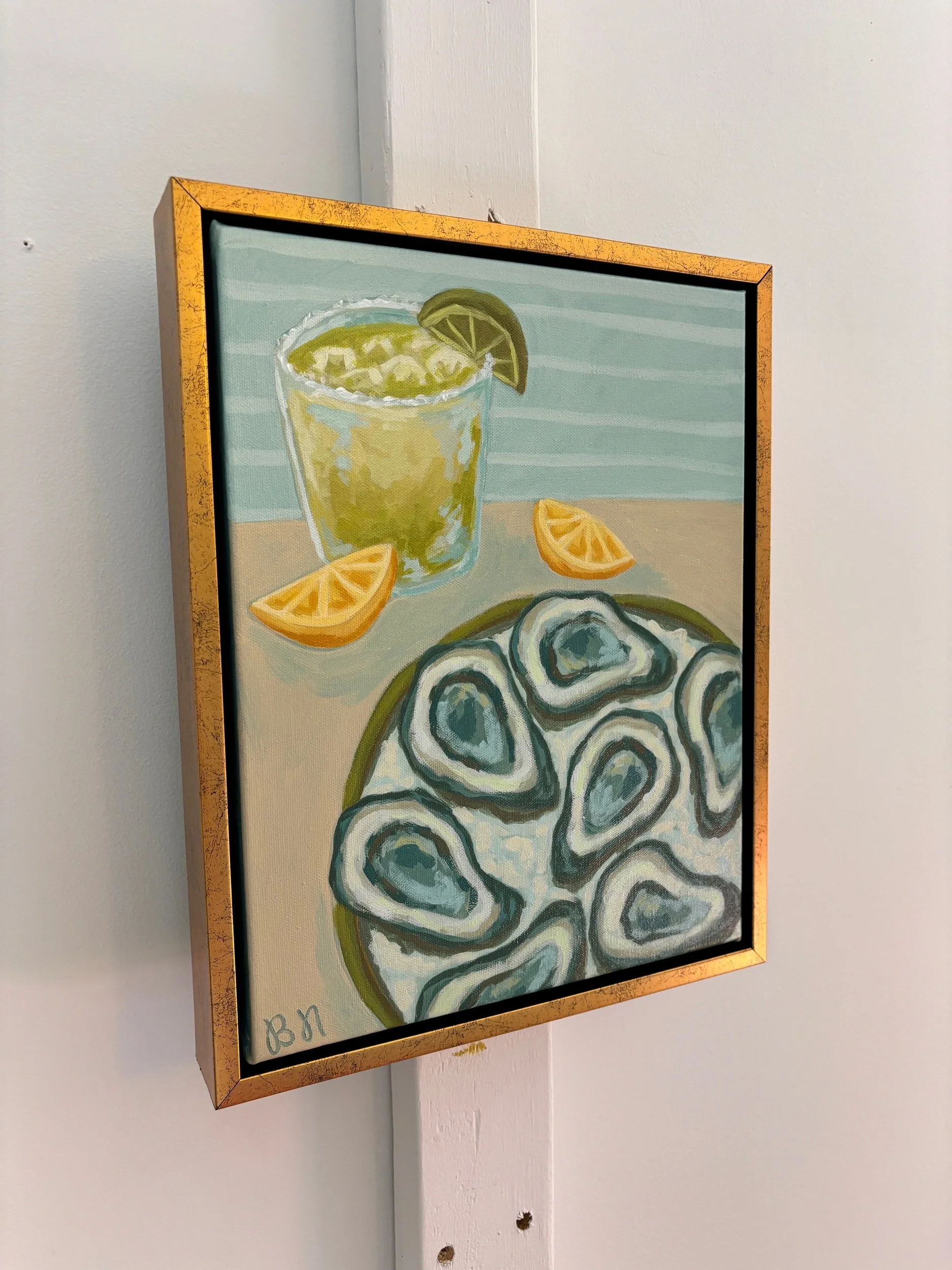 Oysters and a margarita acrylic painting in blue and green coastal tones.