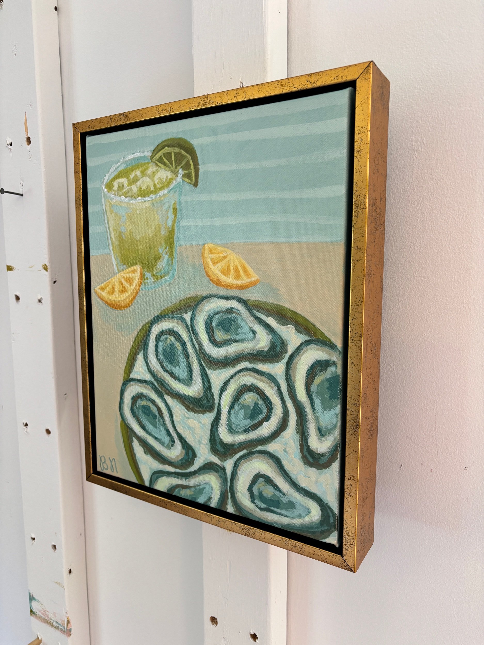 Oysters and a margarita acrylic painting in blue and green coastal tones.