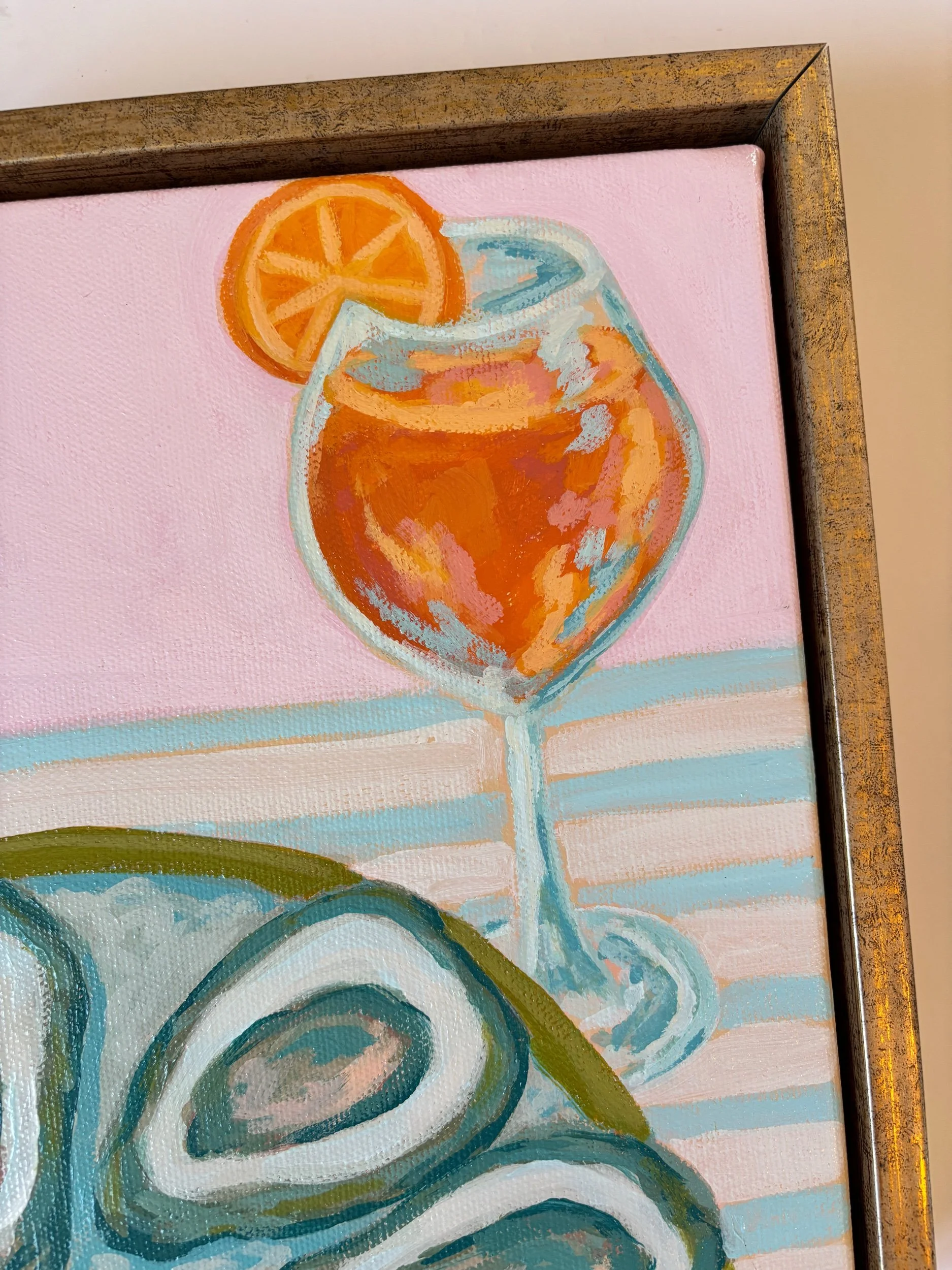 Oysters and an Aperol Spritz acrylic painting in vibrant coastal colors.