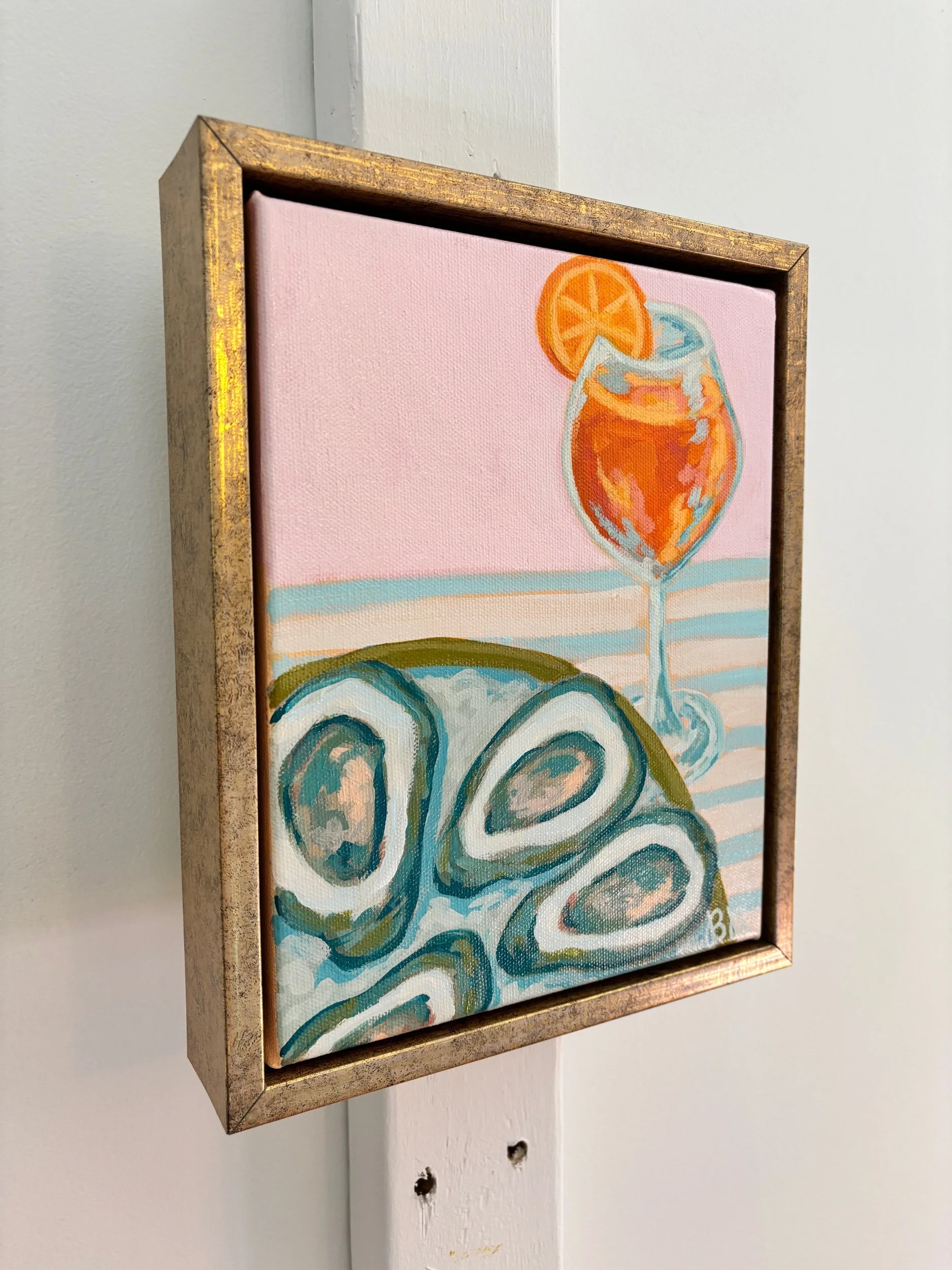 Oysters and an Aperol Spritz acrylic painting in vibrant coastal colors.
