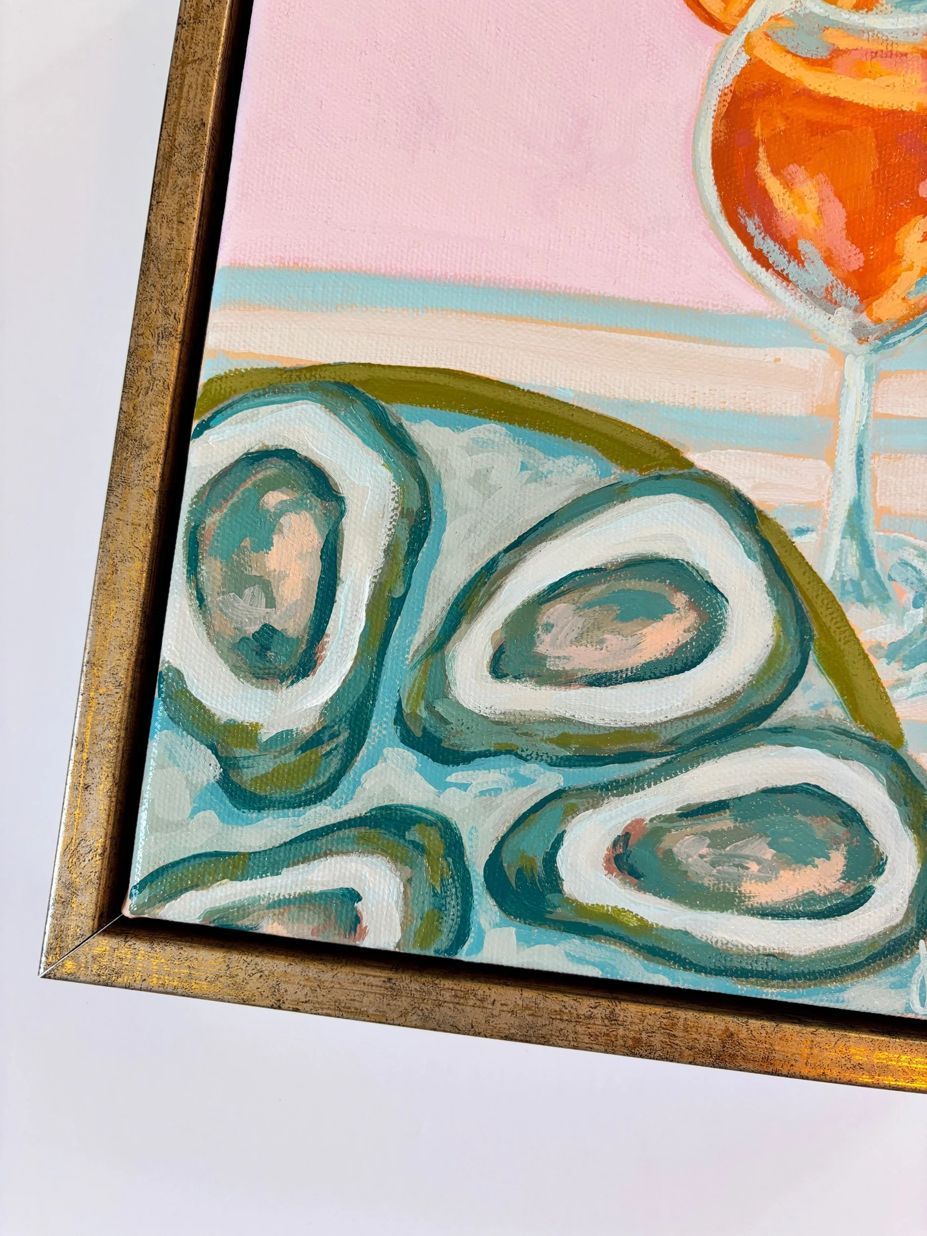 Oysters and an Aperol Spritz acrylic painting in vibrant coastal colors.