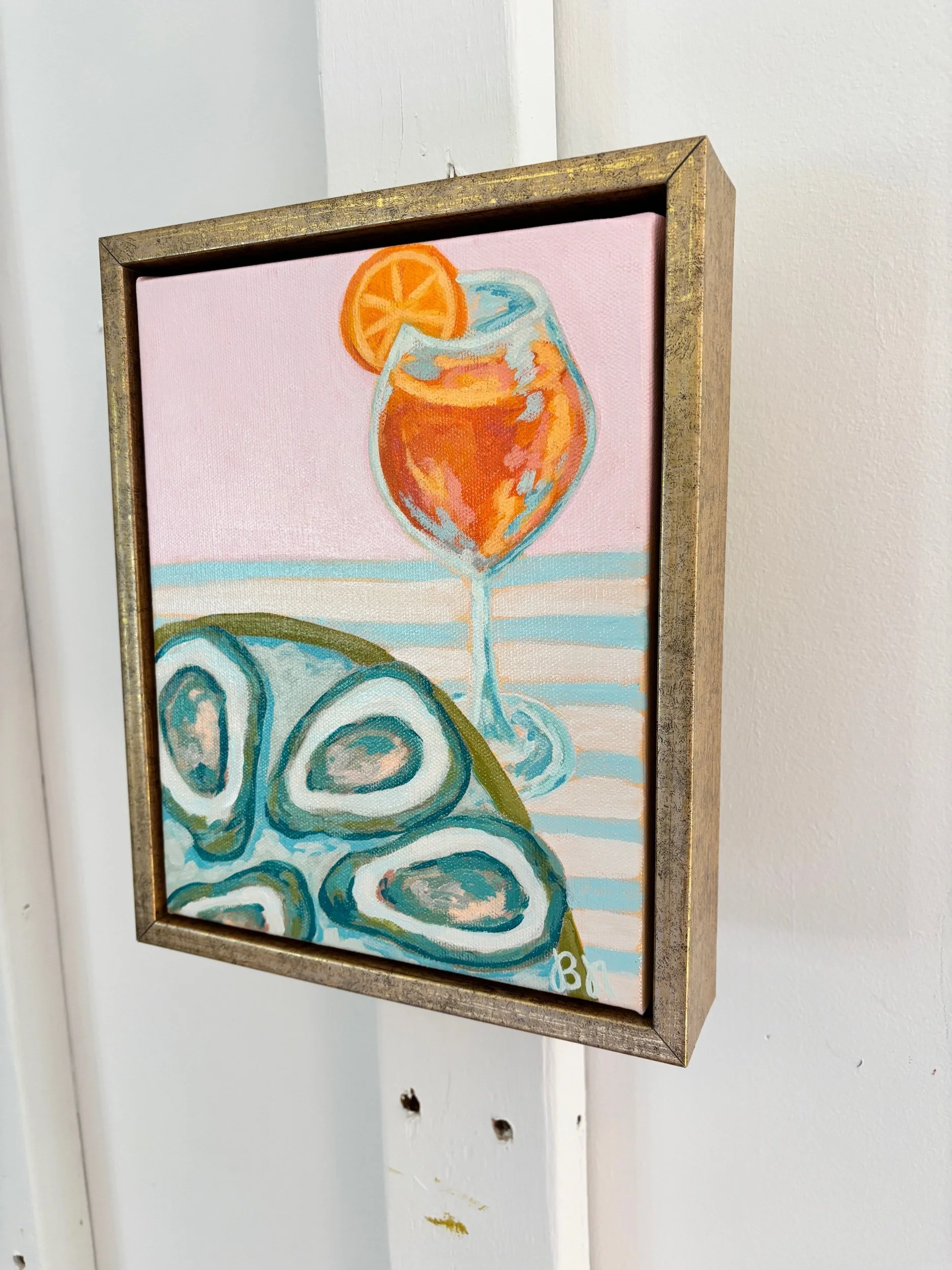 Oysters and an Aperol Spritz acrylic painting in vibrant coastal colors.
