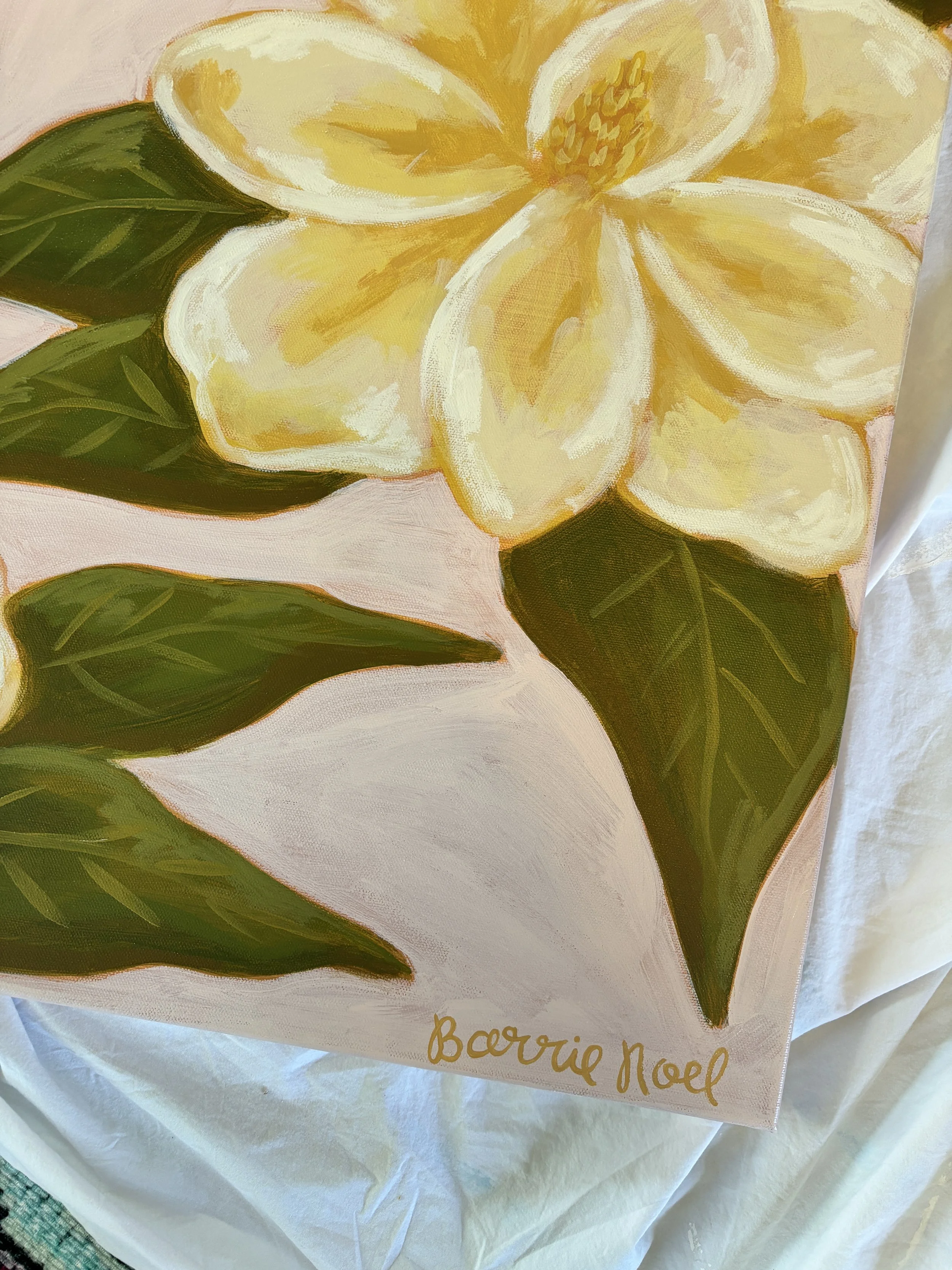 Original acrylic magnolia painting in soft pink, cream, and green tones.