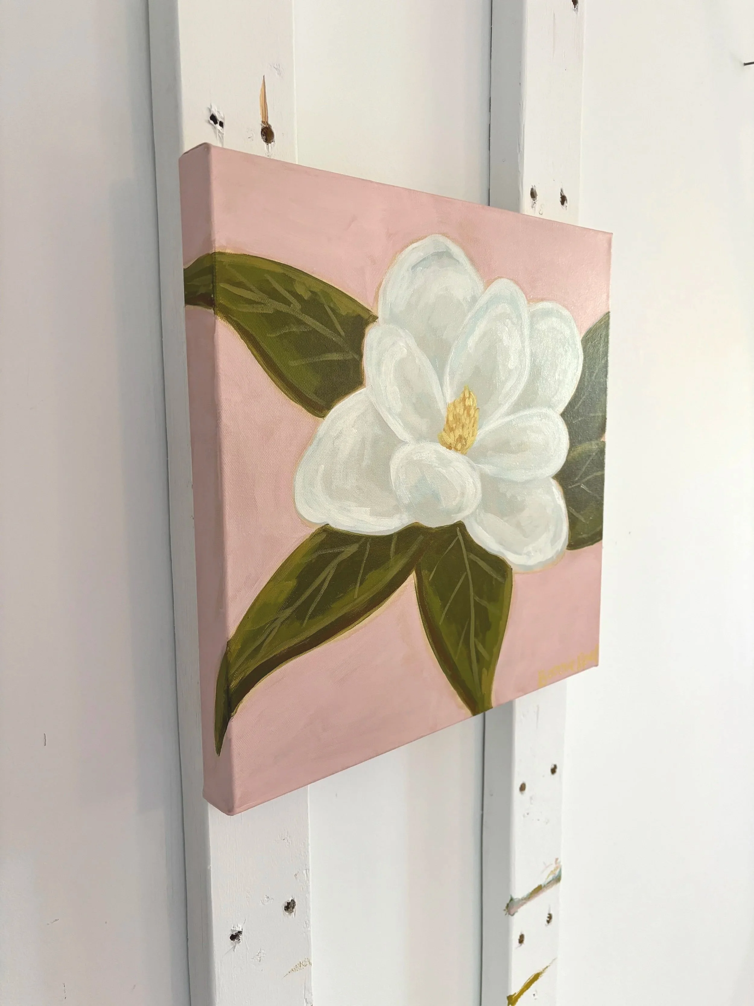 Original acrylic magnolia painting in soft pink, cream, and green tones.