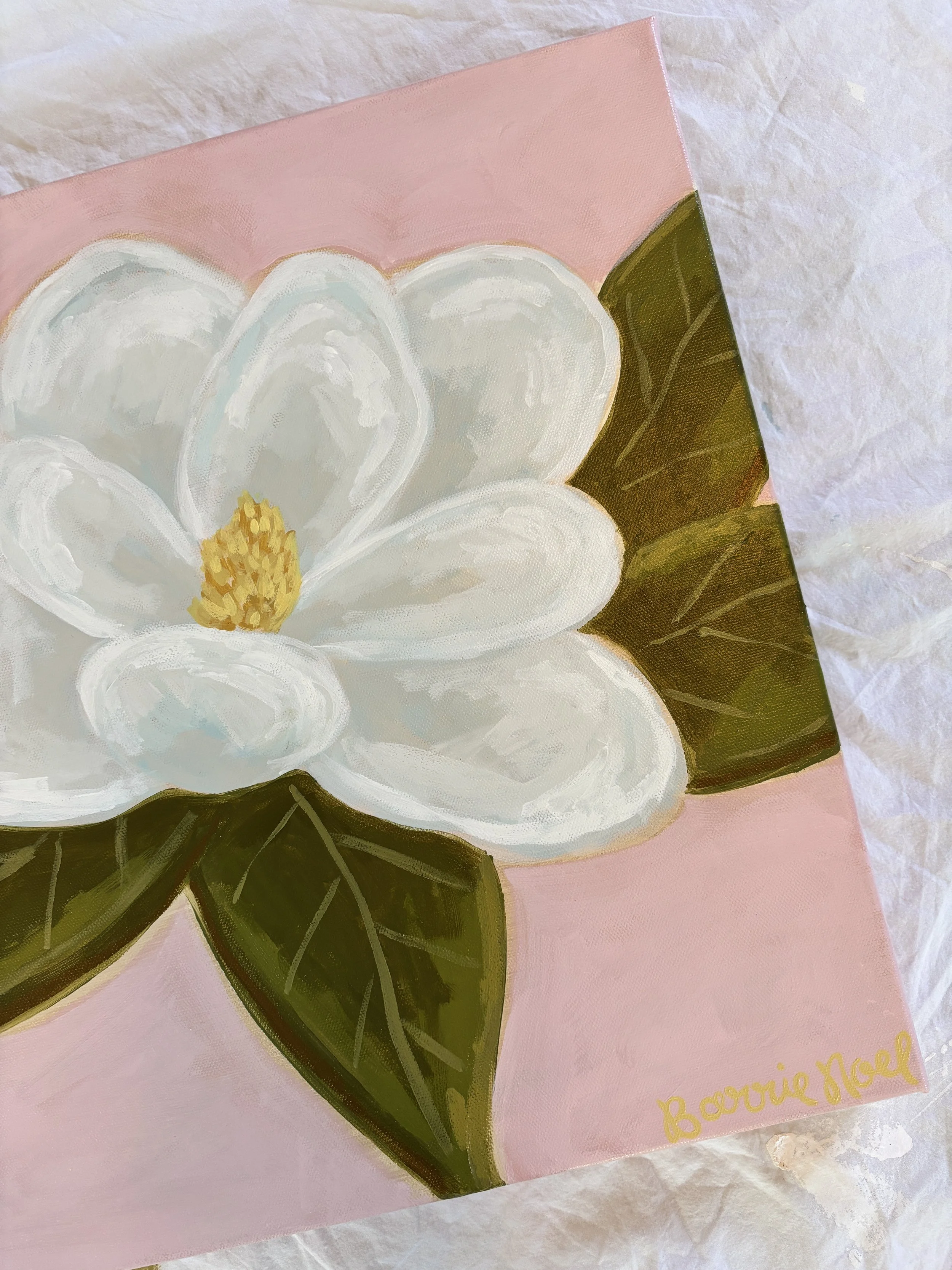 Original acrylic magnolia painting in soft pink, cream, and green tones.