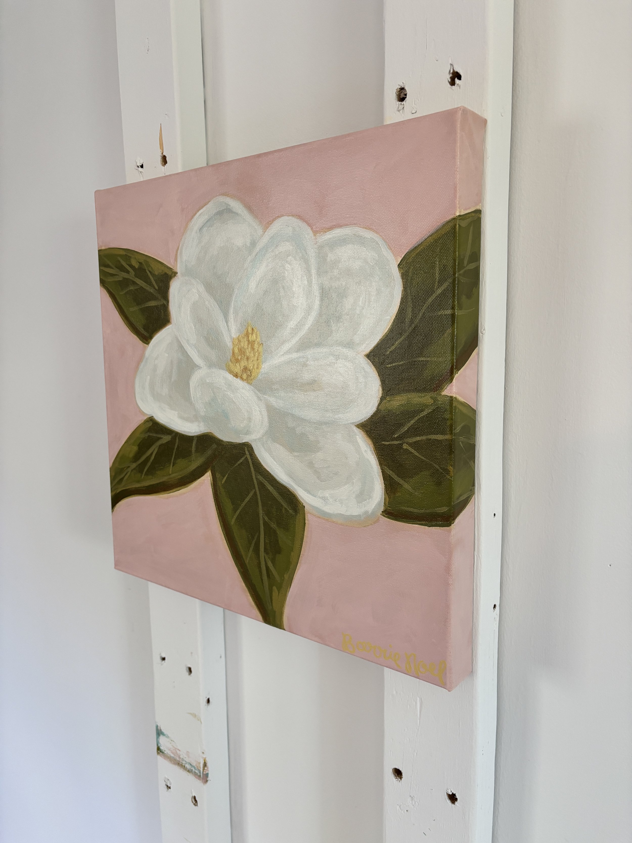 Original acrylic magnolia painting in soft pink, cream, and green tones.