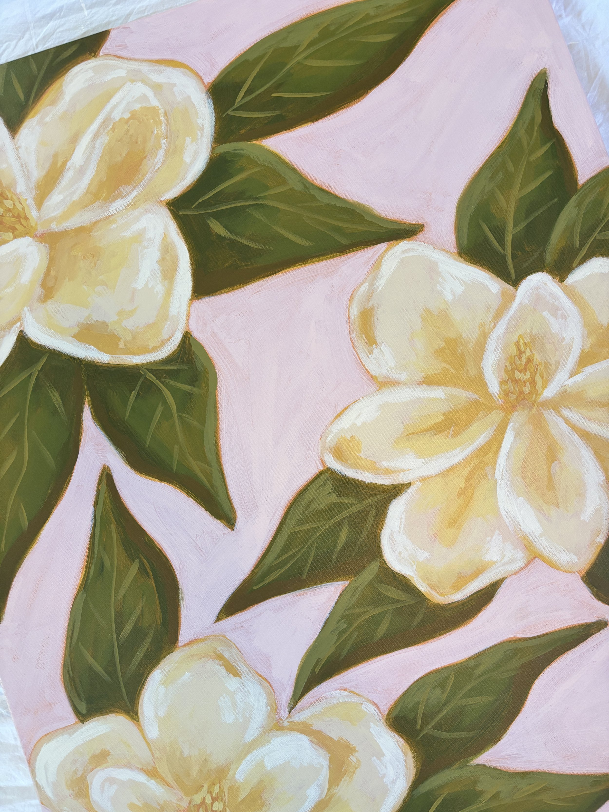 Original acrylic magnolia painting in soft pink, cream, and green tones.
