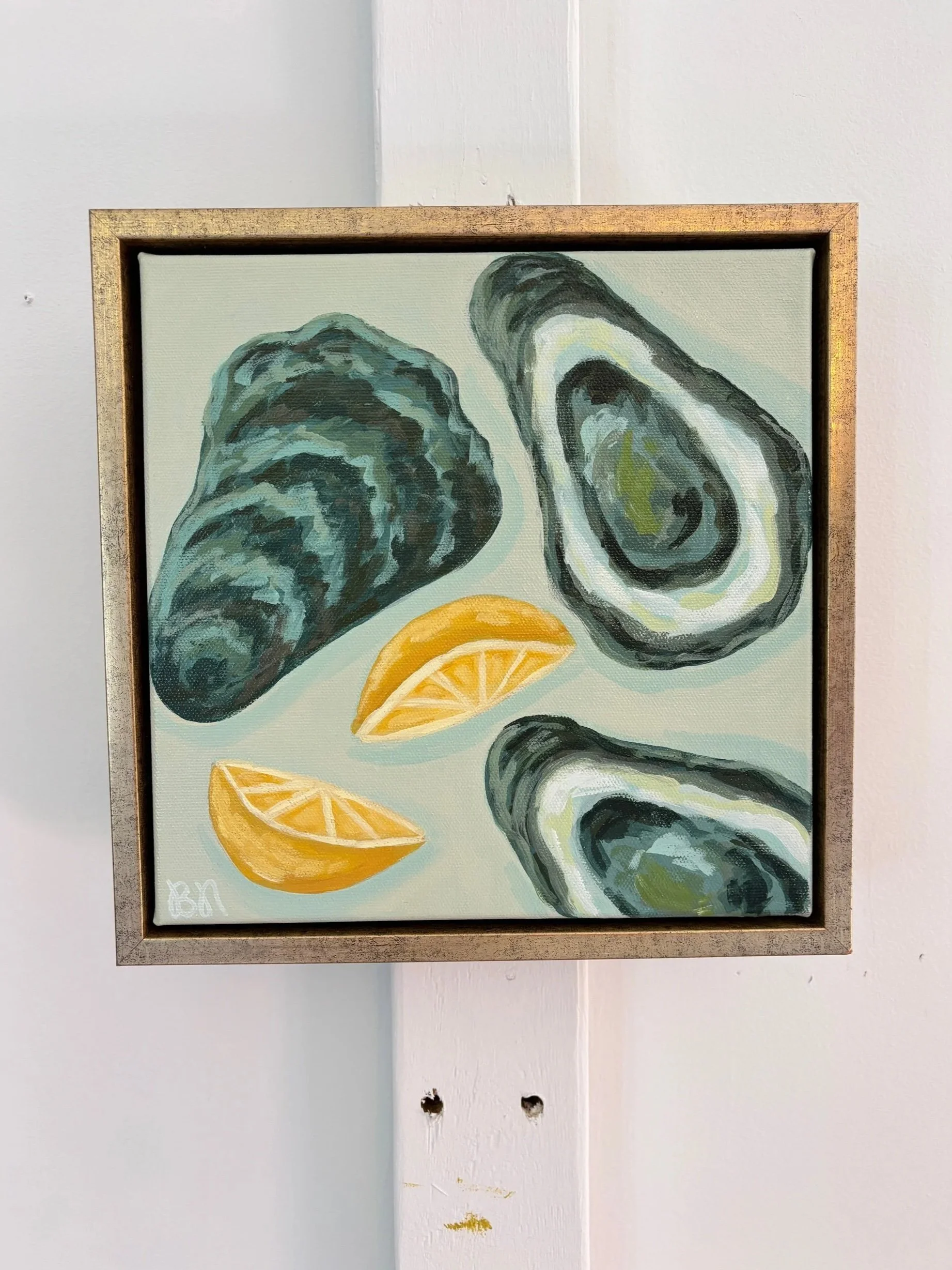 Oysters and lemon wedges acrylic painting in calming blue and green tones.